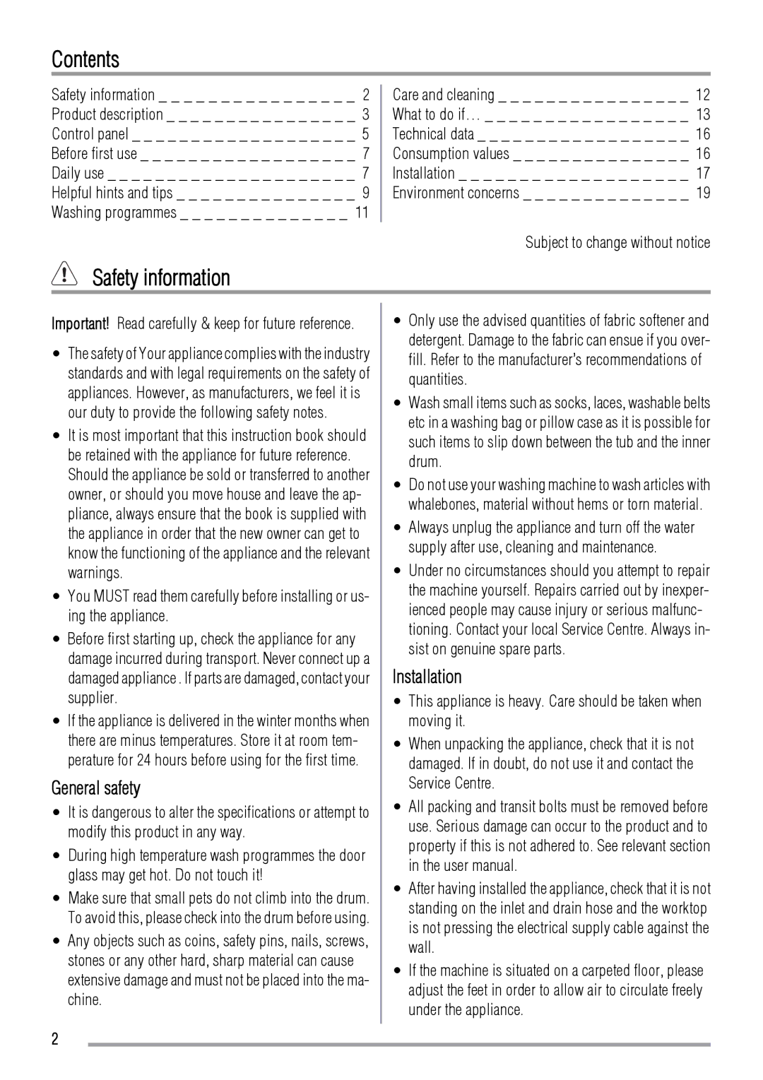 Zanussi FCS 1020 C user manual Contents, Safety information 