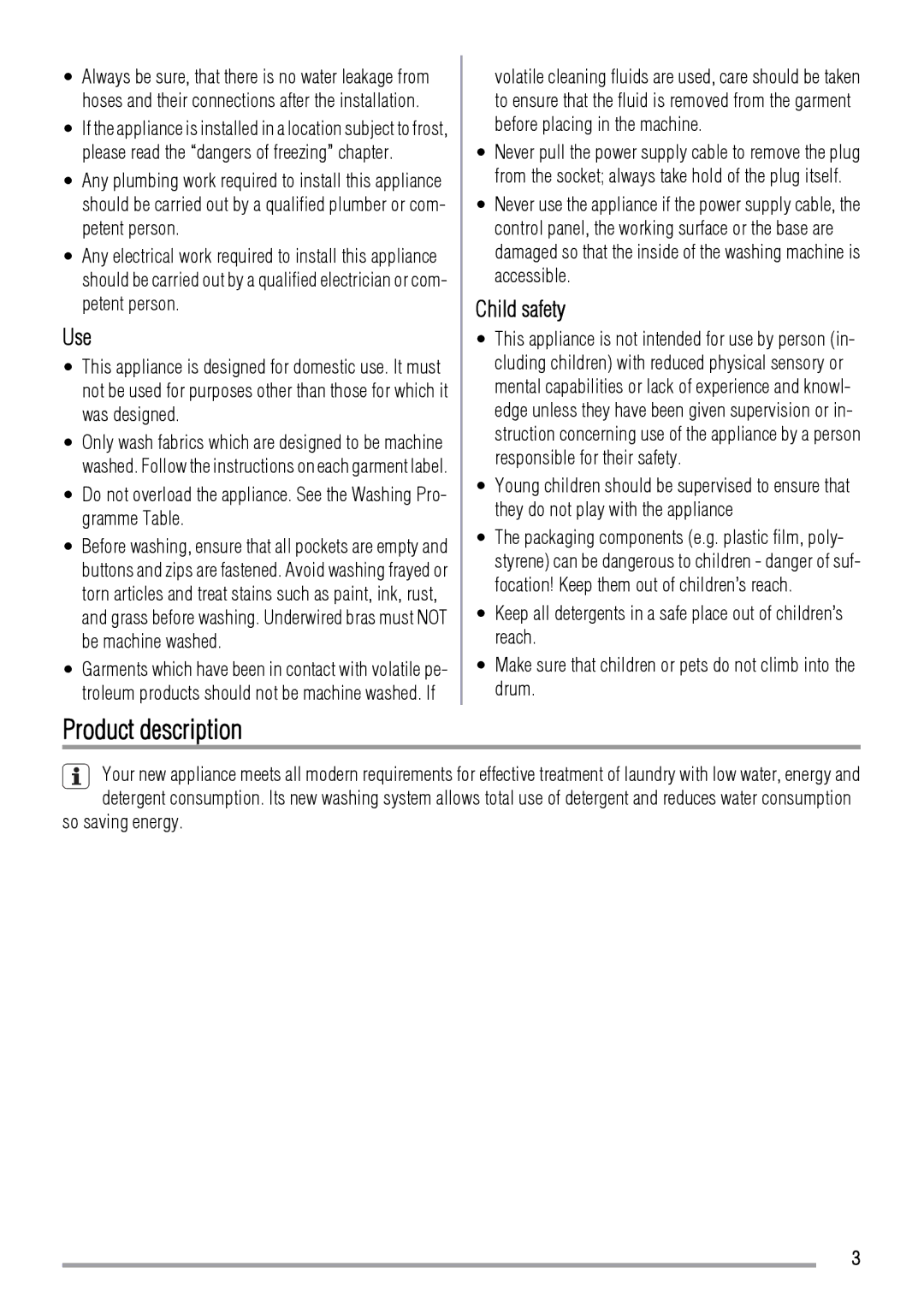 Zanussi FCS 1020 C user manual Product description, Use, Child safety, So saving energy 