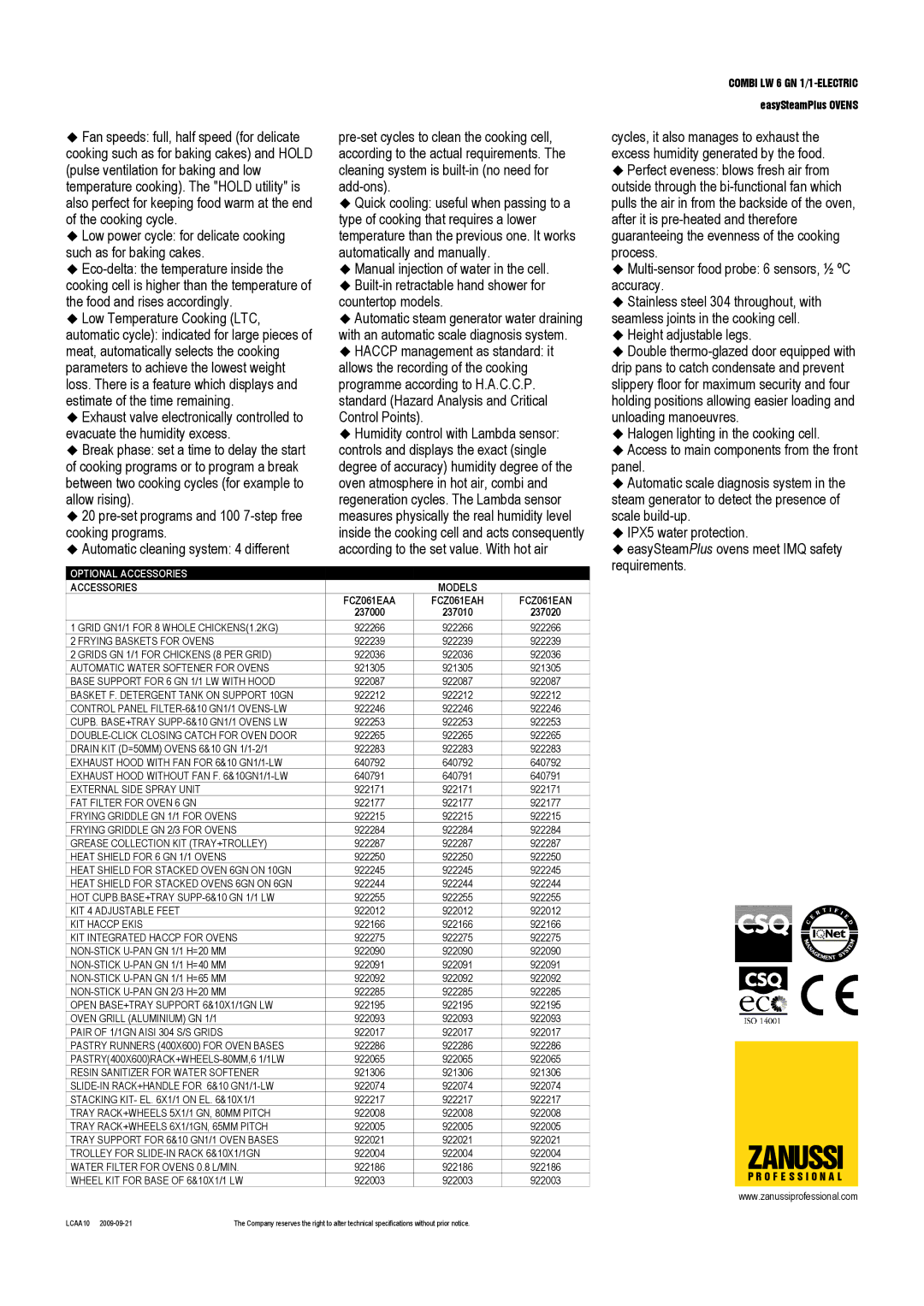 Zanussi FCZ061EAA, FCZ061EAH, FCZ061EAN, 237020, 237000, 237010 dimensions Optional Accessories, Accessories Models 