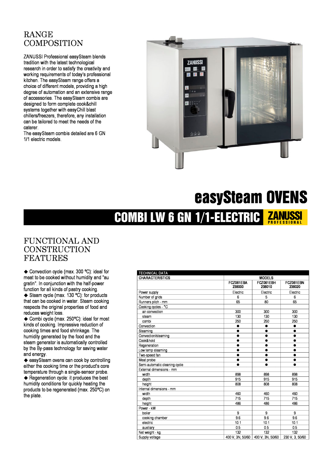 Zanussi FCZ061EBN, FCZ061EBH, FCZ061EBA dimensions easySteam OVENS, Range Composition, Functional And Construction Features 