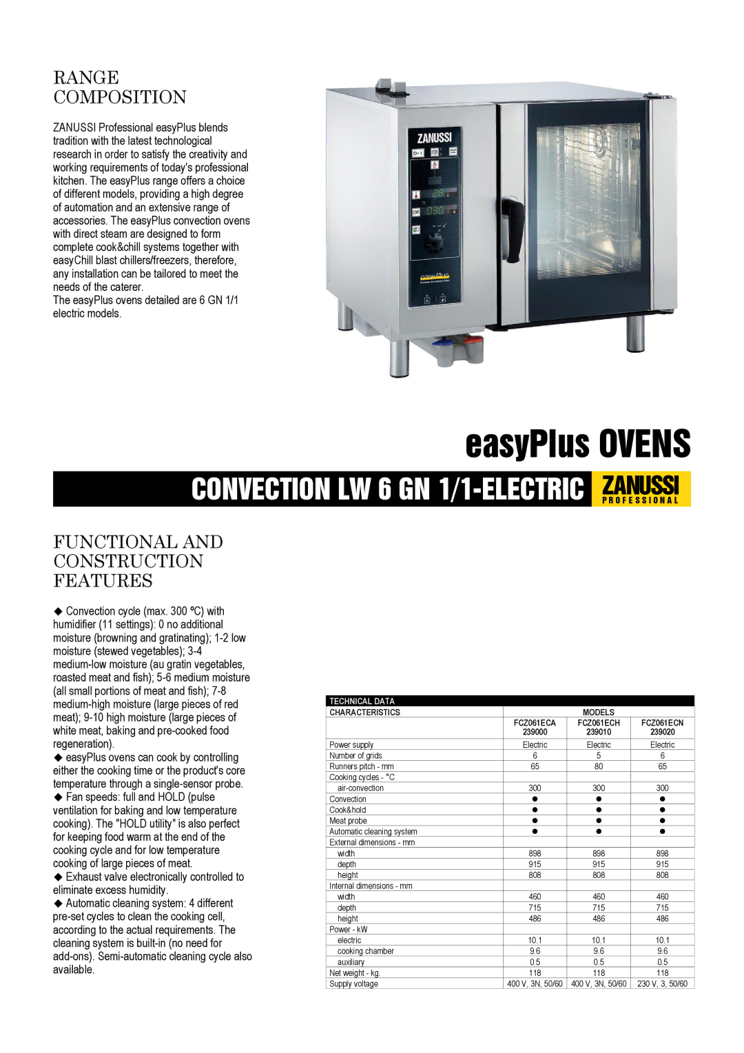 Zanussi FCZ061ECN dimensions EasyPlus Ovens, Range Composition, Functional and Construction Features, Technical Data 