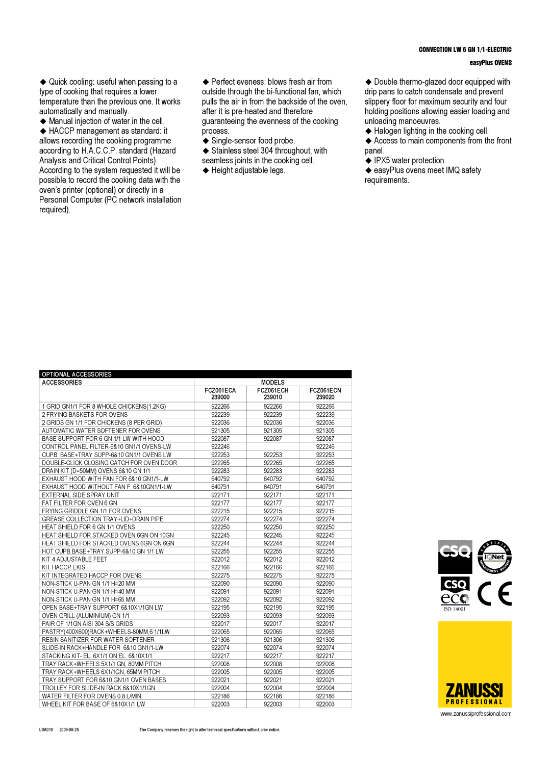 Zanussi FCZ061ECA, FCZ061ECH, FCZ061ECN, 239010, 239020, 239000 dimensions Zanussi, Optional Accessories, Accessories Models 