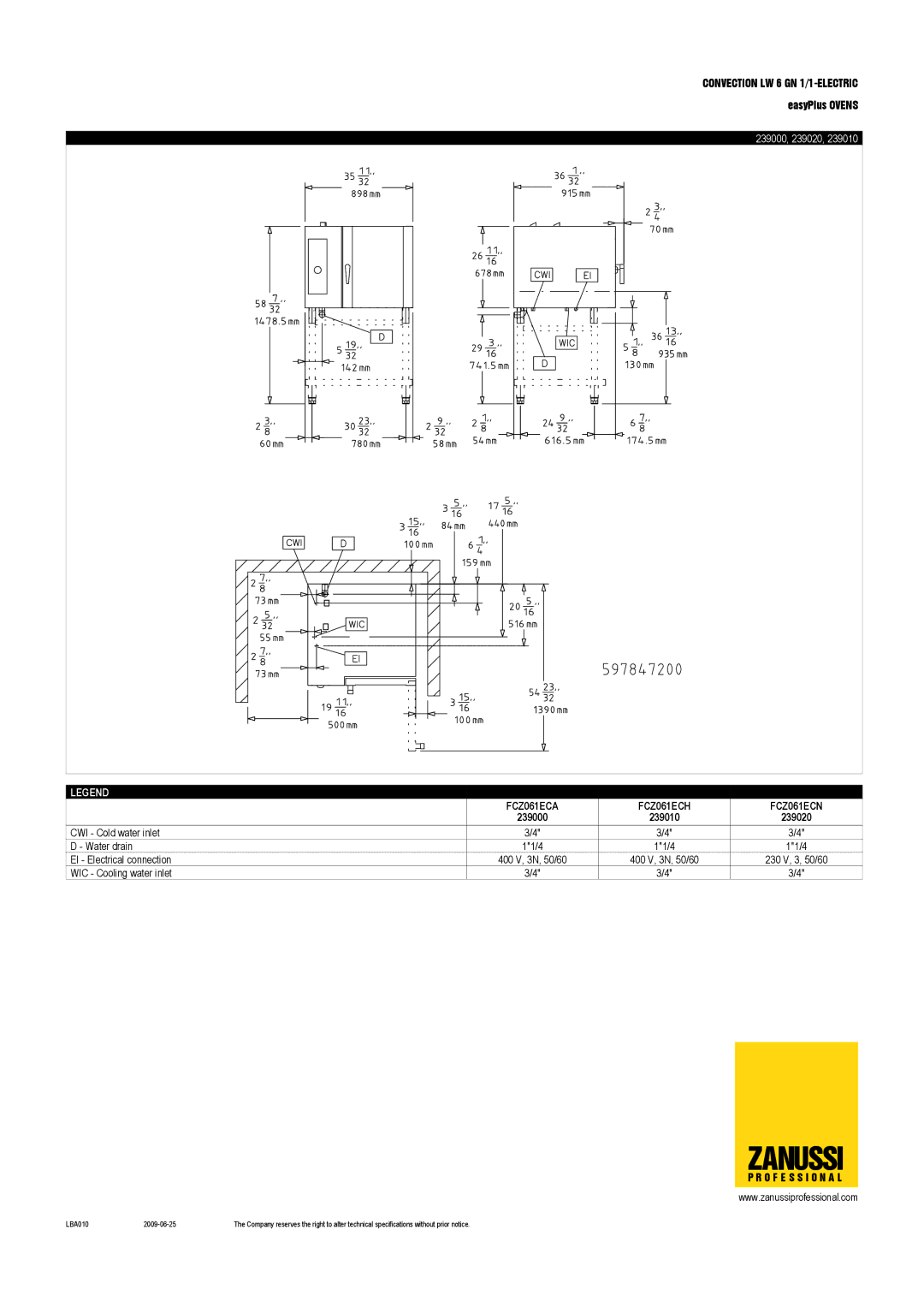 Zanussi 239010, FCZ061ECH, FCZ061ECN, FCZ061ECA dimensions 239000, 239020 