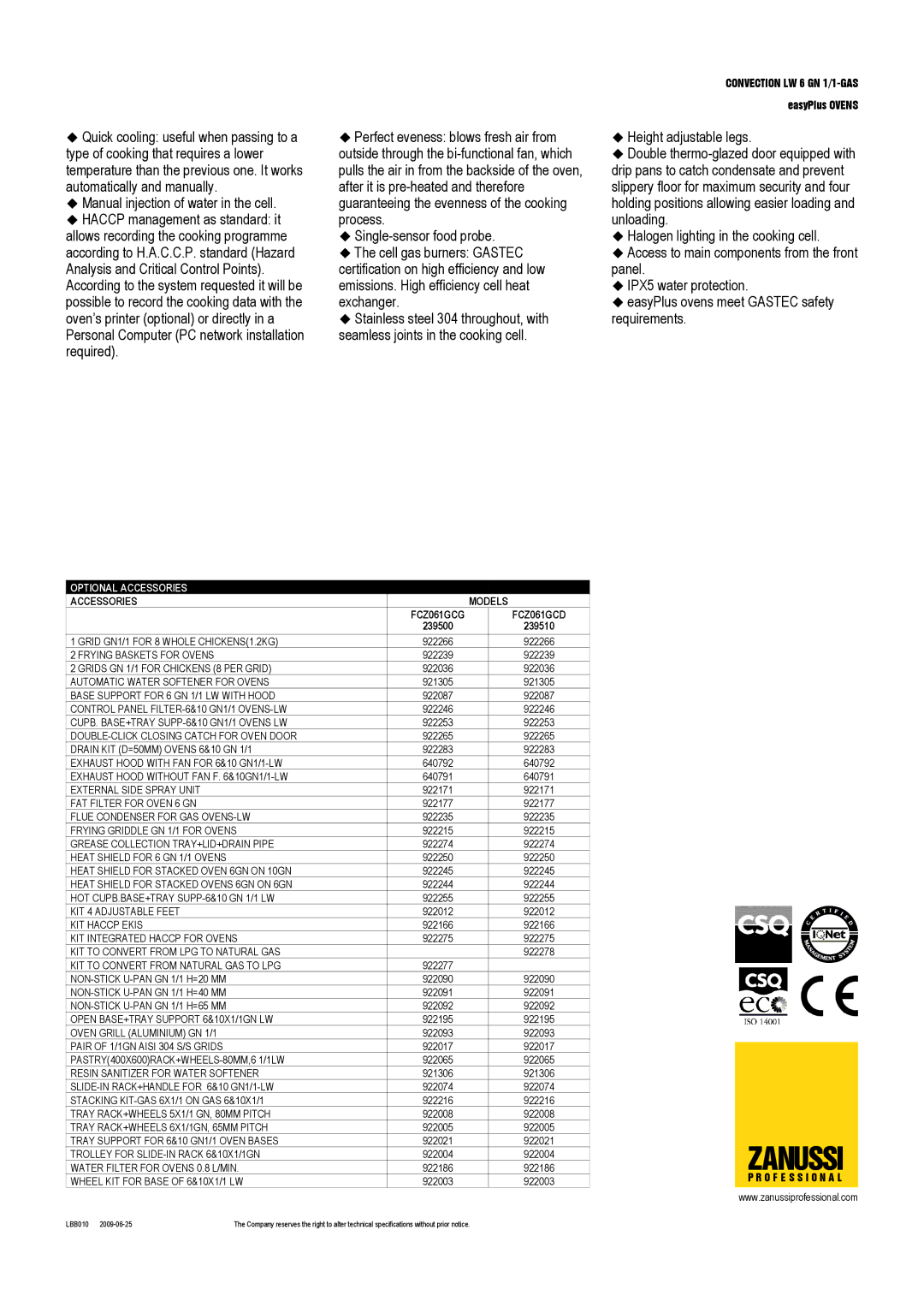 Zanussi 239510, FCZ061GCD, FCZ061GCG, 239500 dimensions Optional Accessories, Accessories Models 