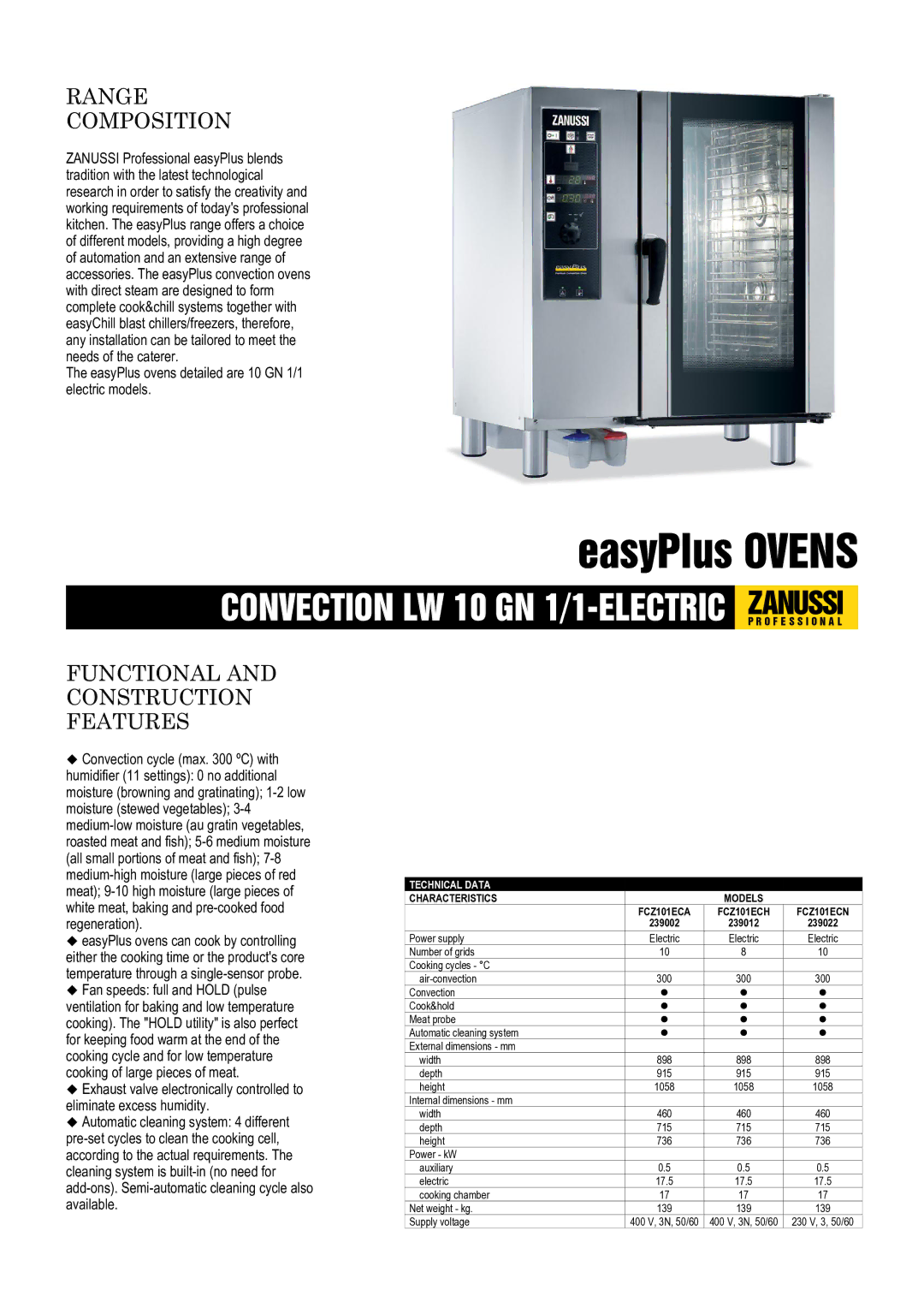 Zanussi FCZ101ECH dimensions EasyPlus Ovens, Range Composition, Functional and Construction Features, Technical Data 