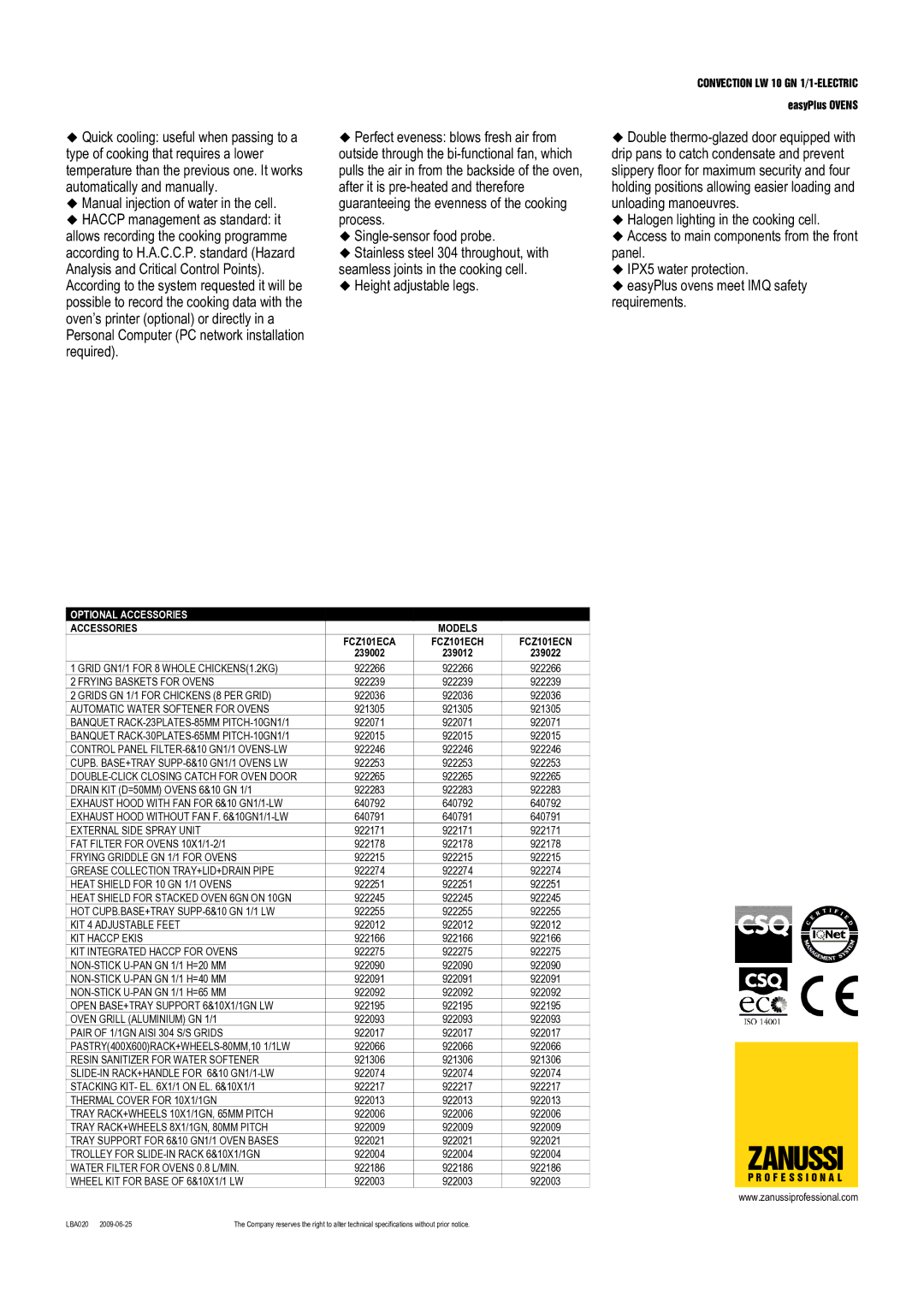 Zanussi FCZ101ECN, FCZ101ECA, FCZ101ECH, 239022, 239002, 239012 dimensions Zanussi, Optional Accessories, Accessories Models 