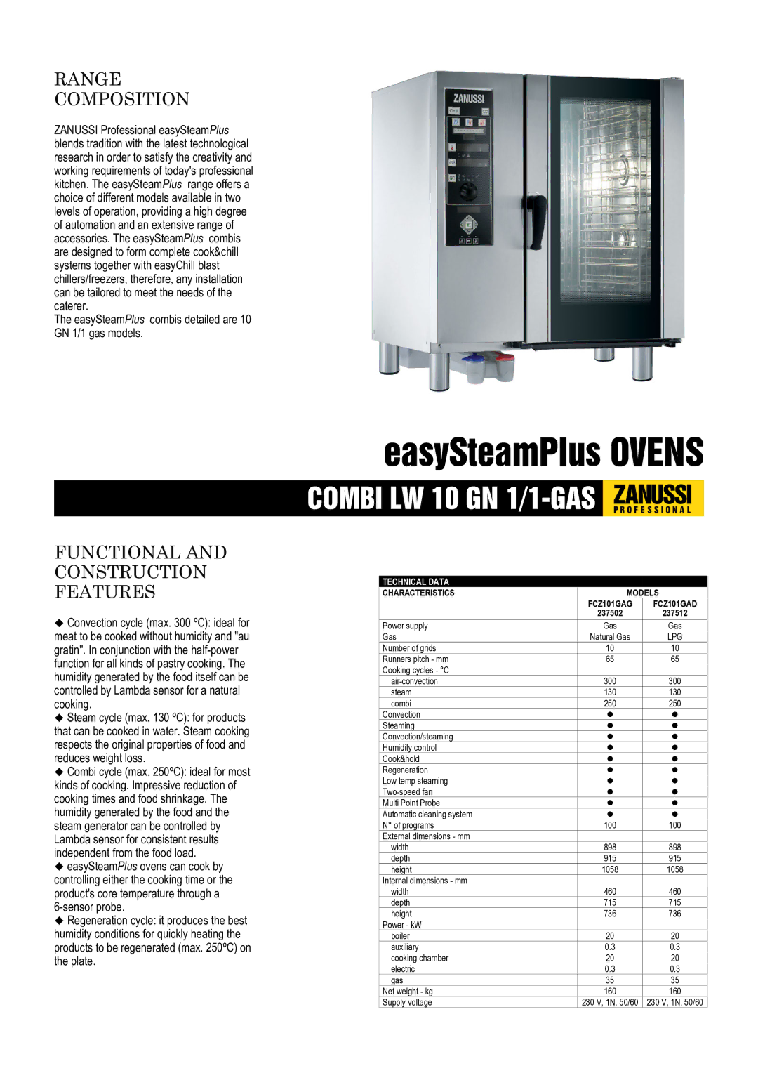 Zanussi FCZ101GAG, FCZ101GAD, 237512, 237502 dimensions Range Composition, Functional and Construction Features 