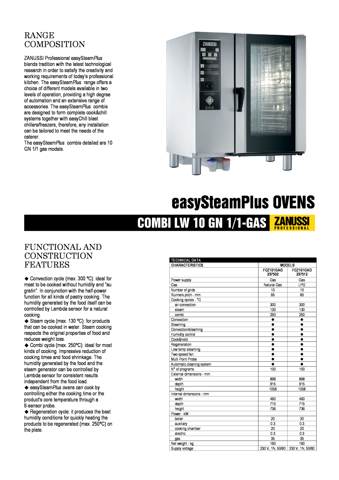 Zanussi FCZ101GAG, FCZ101GAD dimensions easySteamPlus OVENS, Range Composition, Functional And Construction Features 
