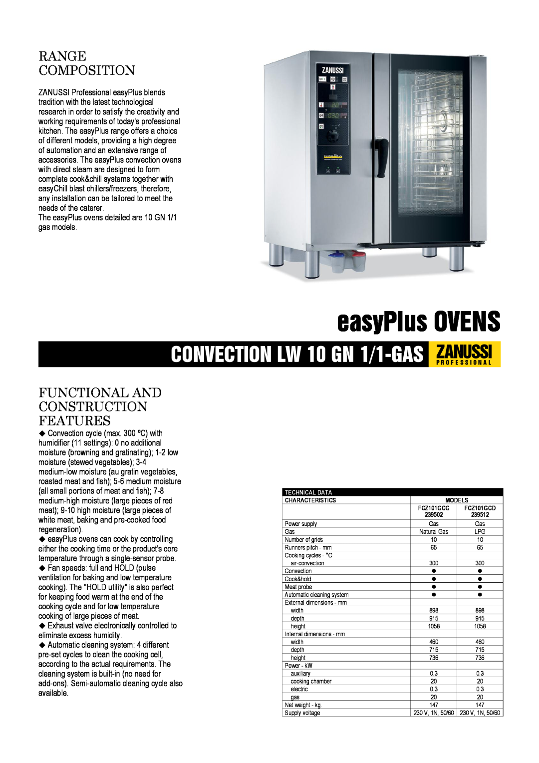 Zanussi FCZ101GCG, FCZ101GCD, 239512 dimensions easyPlus OVENS, Range Composition, Functional And Construction Features 
