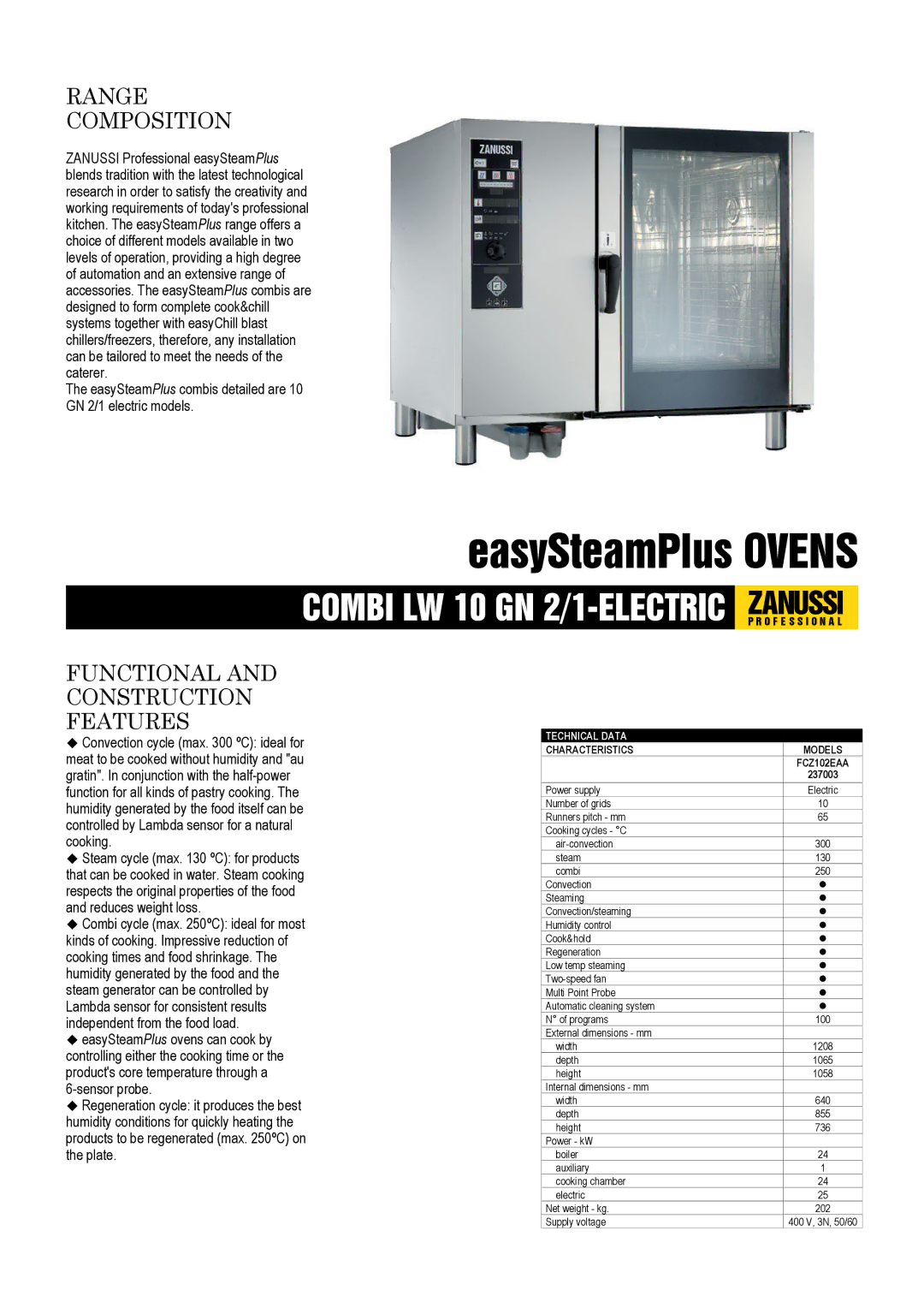 Zanussi 237003 dimensions Range Composition, Functional and Construction Features, Technical Data, Characteristics 