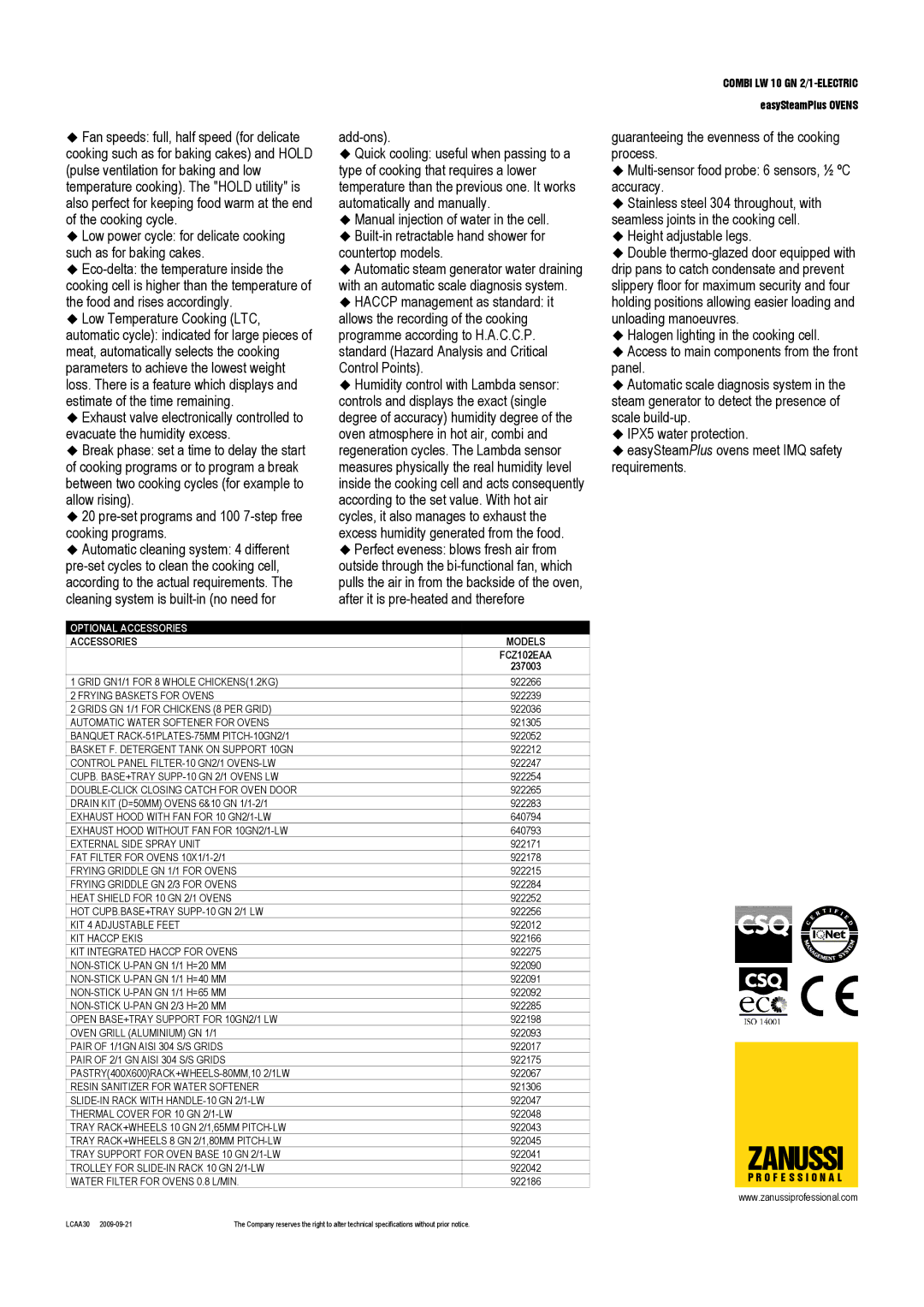 Zanussi FCZ102EAA, 237003 dimensions Optional Accessories, Accessories Models 