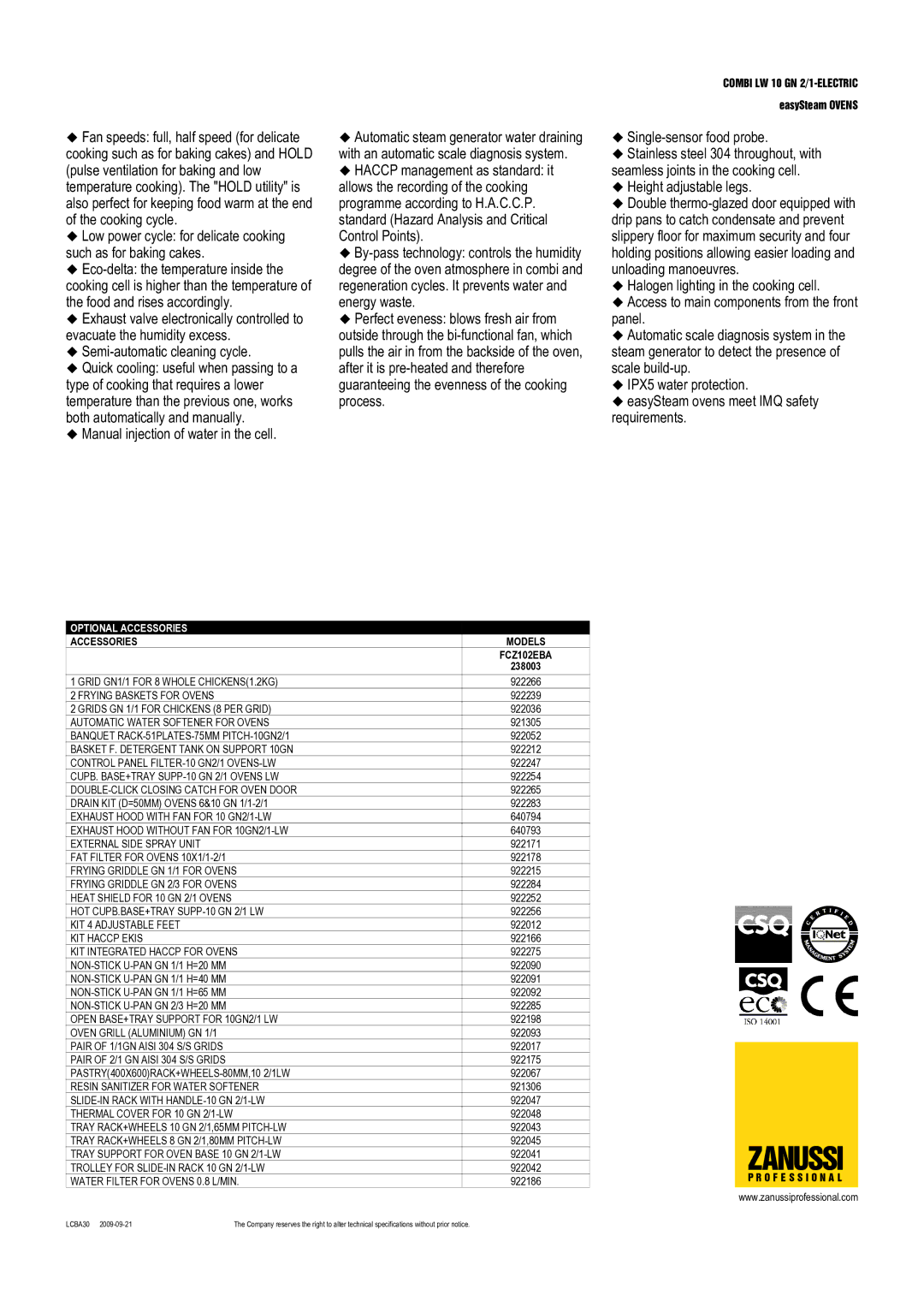 Zanussi FCZ102EBA, 238003 dimensions Optional Accessories, Accessories Models 