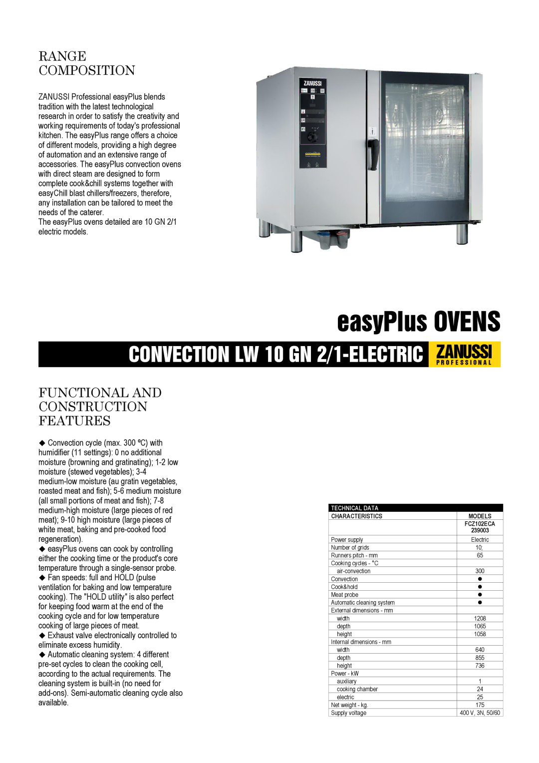 Zanussi 10 GN 2/1 dimensions Range Composition, Functional and Construction Features, Technical Data, Characteristics 