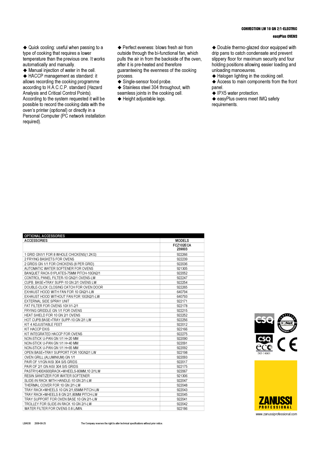 Zanussi 239003, FCZ102ECA, 10 GN 2/1 dimensions Optional Accessories, Accessories Models 