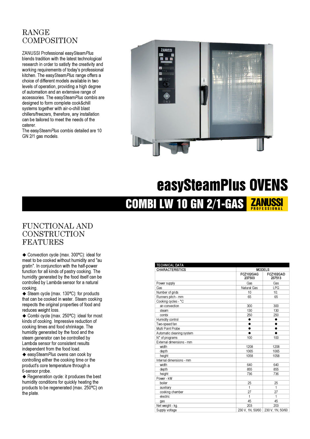 Zanussi FCZ102GAD, FCZ102GAG, 237513 dimensions Range Composition, Functional and Construction Features, Technical Data 