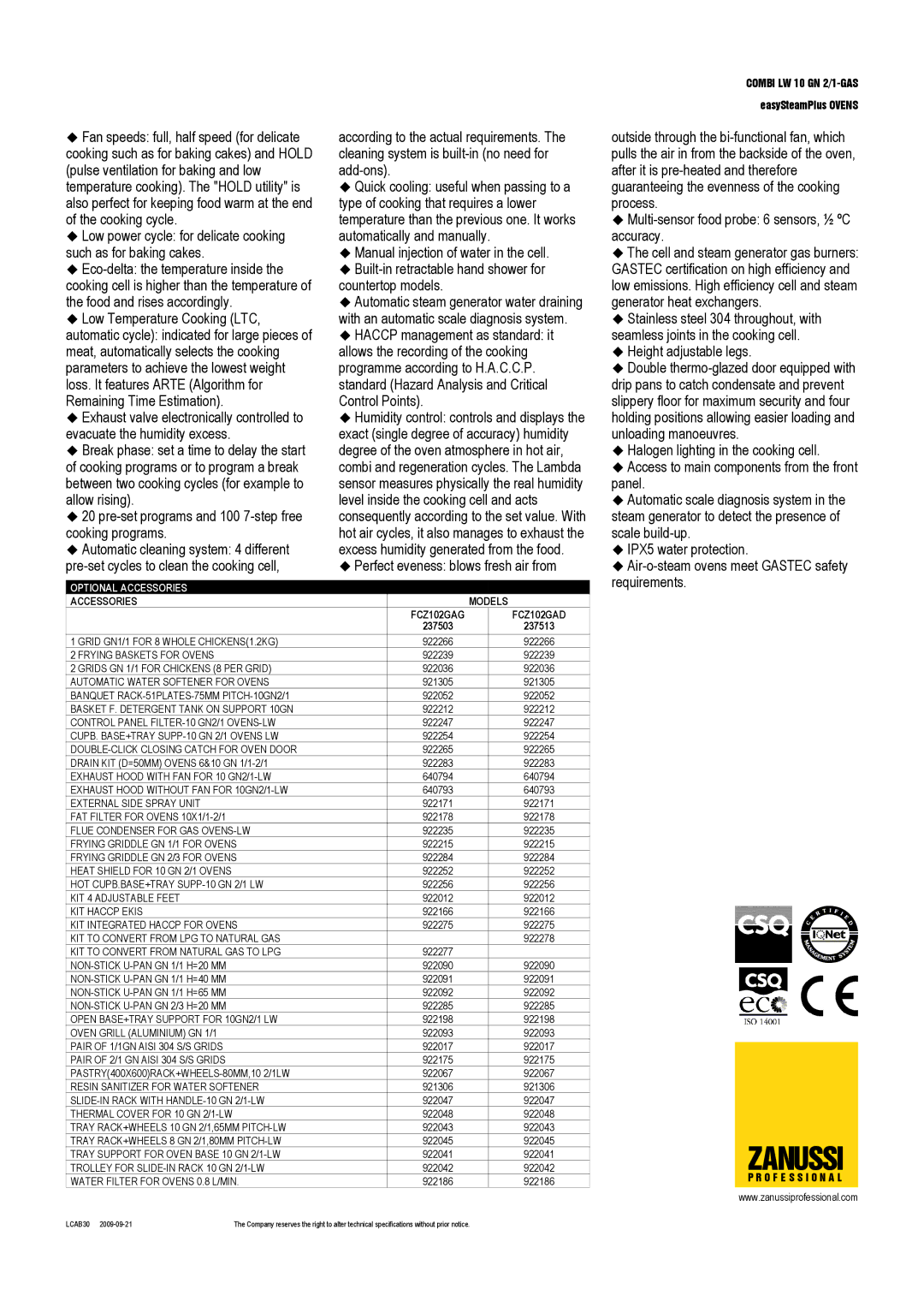 Zanussi 237513, FCZ102GAG, FCZ102GAD, 237503 dimensions Optional Accessories, Accessories Models 