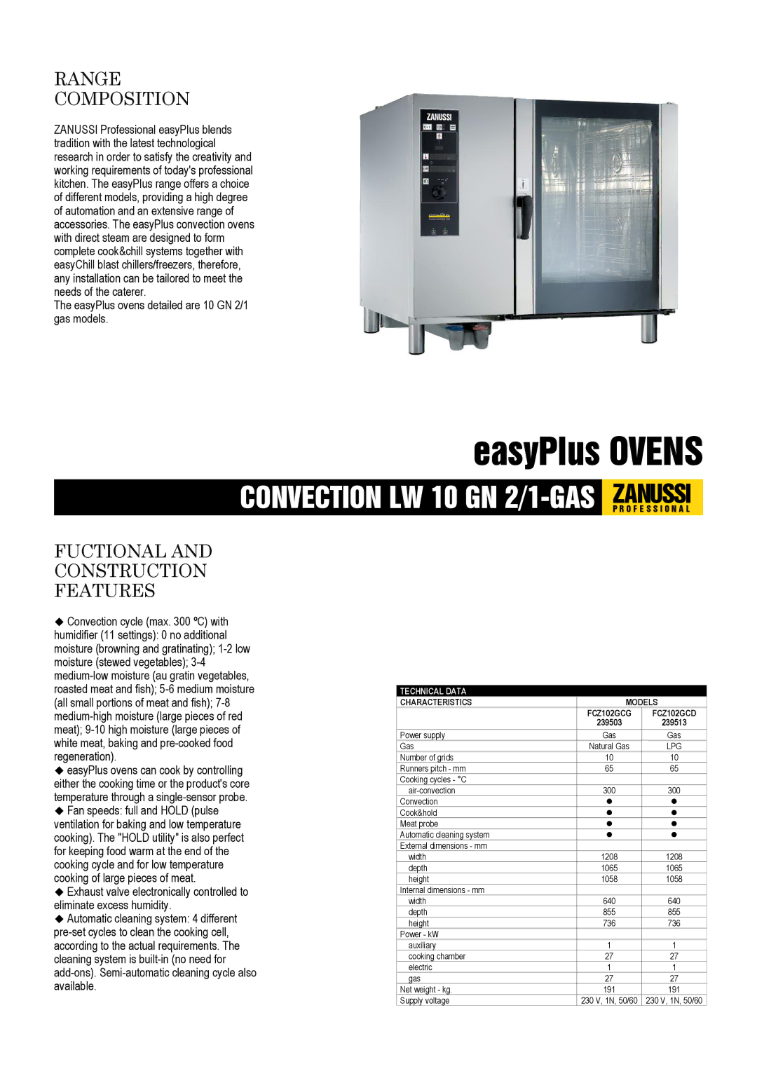 Zanussi FCZ102GCG, FCZ102GCD, 239503 dimensions Range Composition, Fuctional and Construction Features, Technical Data 