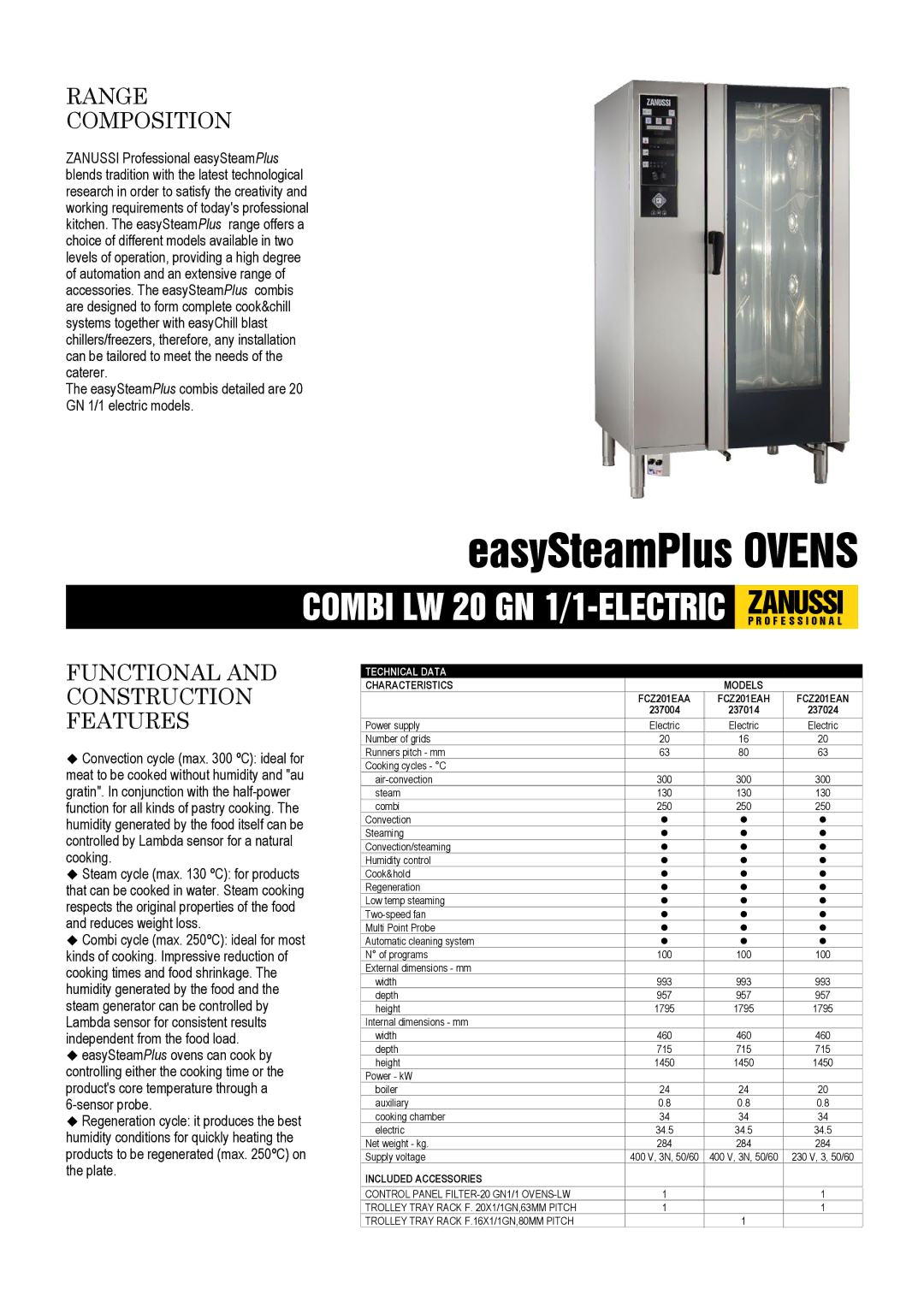 Zanussi FCZ201EAN dimensions Range Composition, Functional and Construction Features, Technical Data, Characteristics 