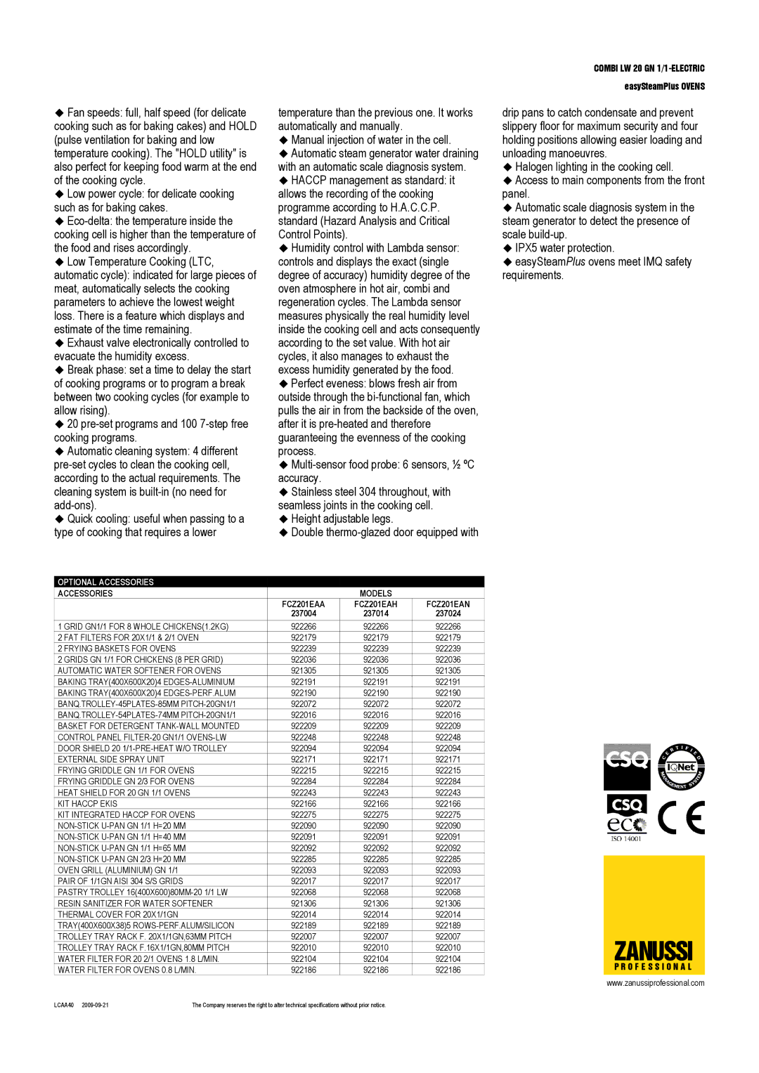 Zanussi FCZ201EAH, FCZ201EAA, FCZ201EAN, 237024, 237004, 237014 dimensions Optional Accessories, Accessories Models 