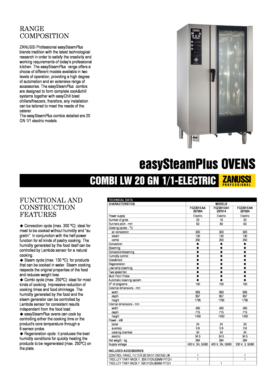 Zanussi FCZ201EAN, FCZ201EAA dimensions easySteamPlus OVENS, Range Composition, Functional And Construction Features 