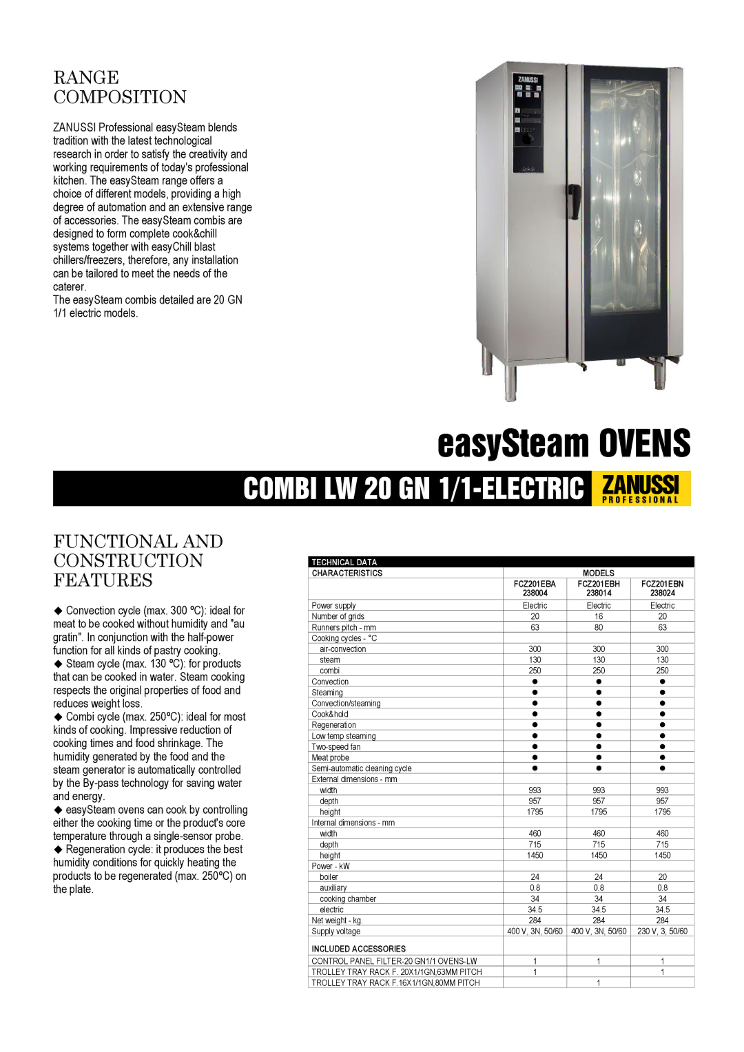 Zanussi FCZ201EBA dimensions Range Composition, Functional and Construction Features, Technical Data, Characteristics 