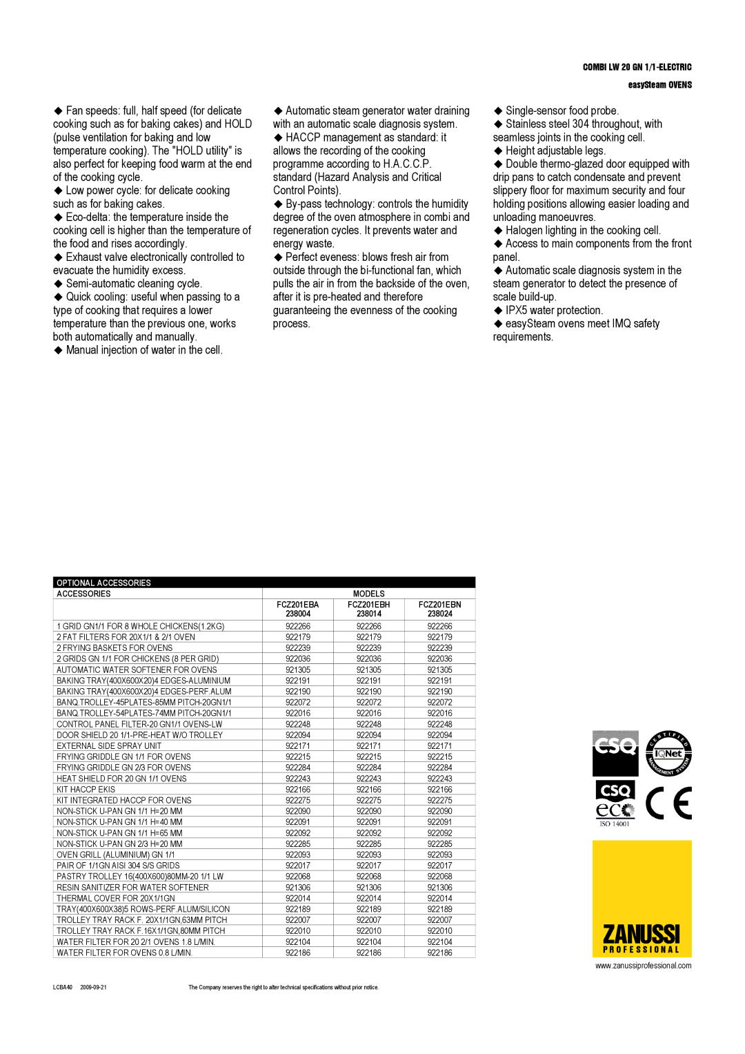 Zanussi 238024, FCZ201EBH, FCZ201EBA, FCZ201EBN, 238004, 238014 dimensions Optional Accessories, Accessories Models 