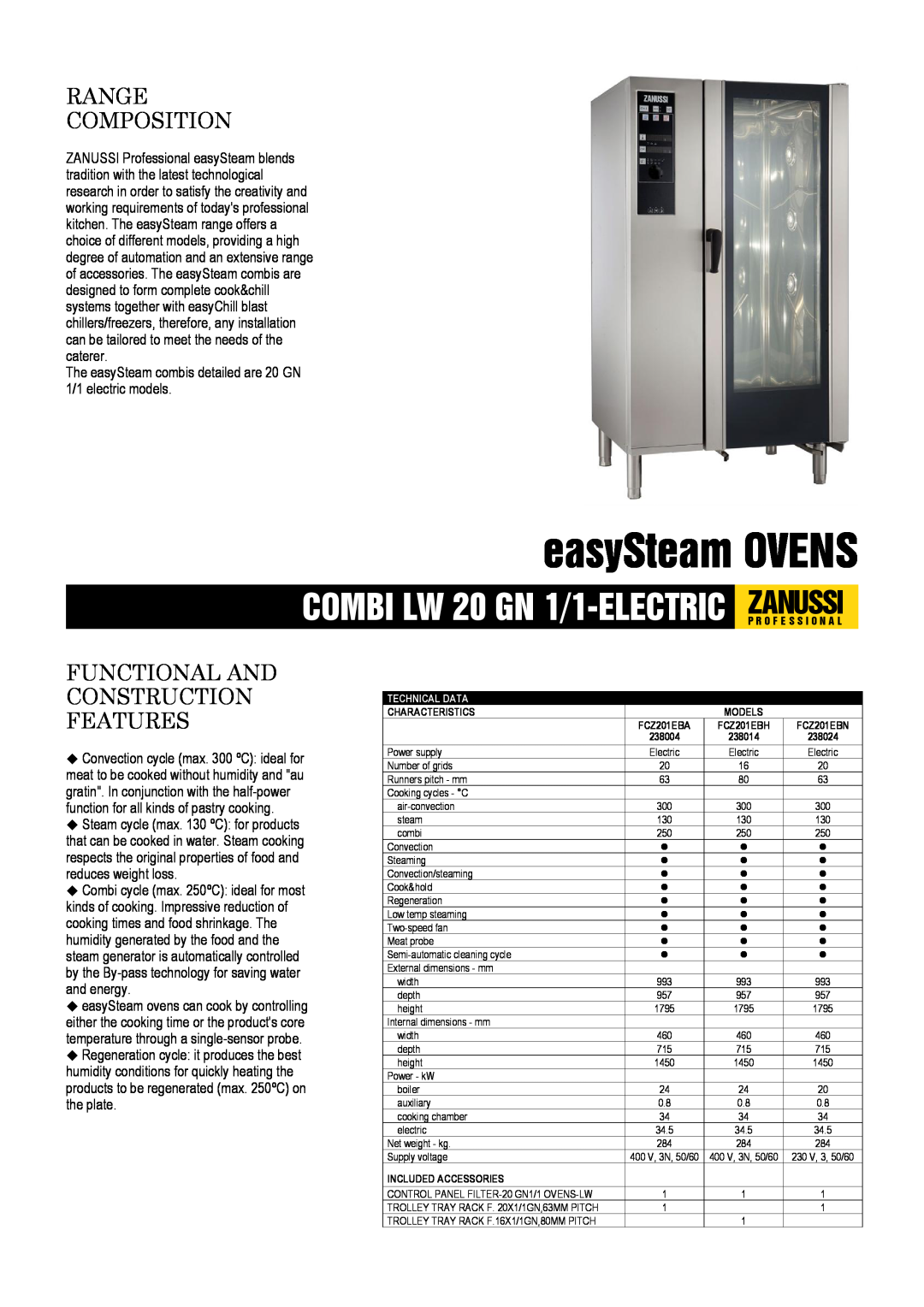 Zanussi FCZ201EBA, FCZ201EBH, 238024 dimensions easySteam OVENS, Range Composition, Functional And Construction Features 