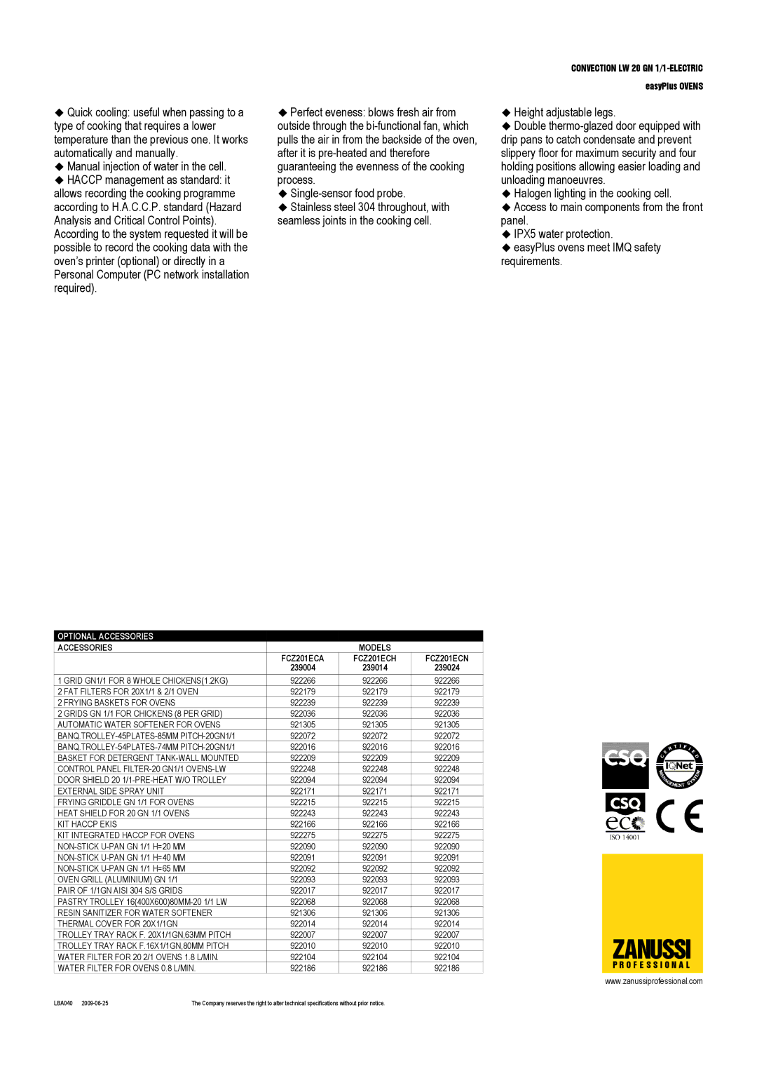 Zanussi FCZ201ECA, FCZ201ECH, FCZ201ECN, 239004, 239024, 239014 dimensions Optional Accessories, Accessories Models 