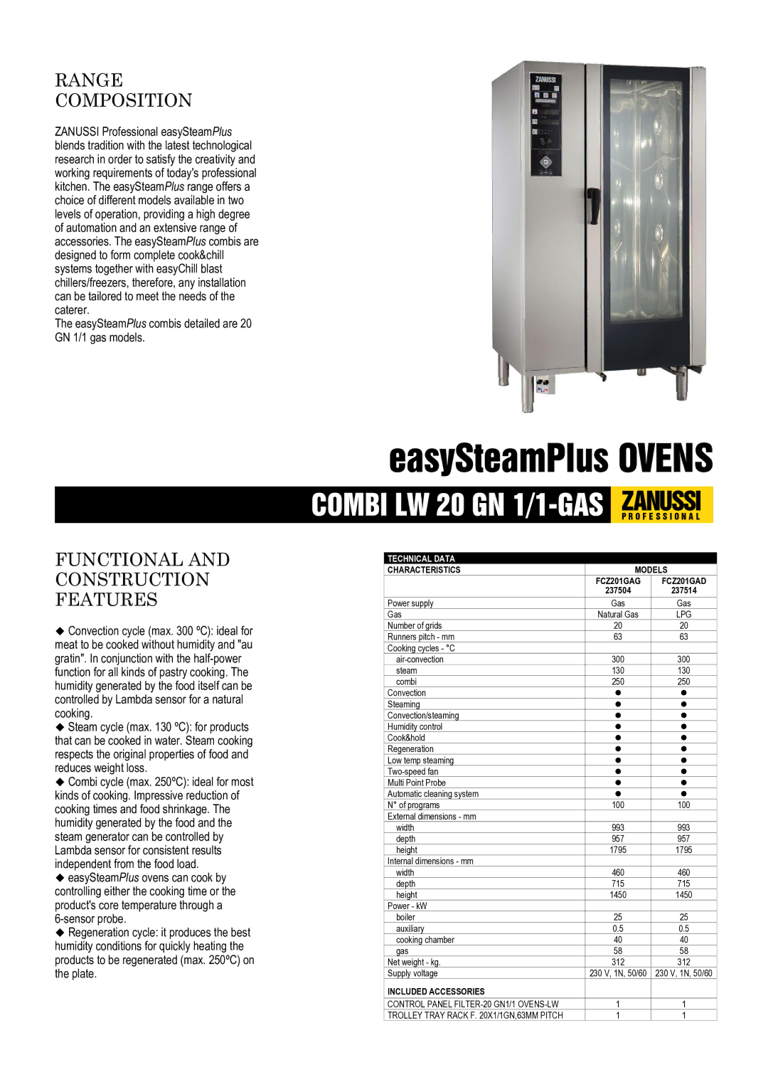 Zanussi FCZ201GAG dimensions Range Composition, Functional and Construction Features, Technical Data, Included Accessories 