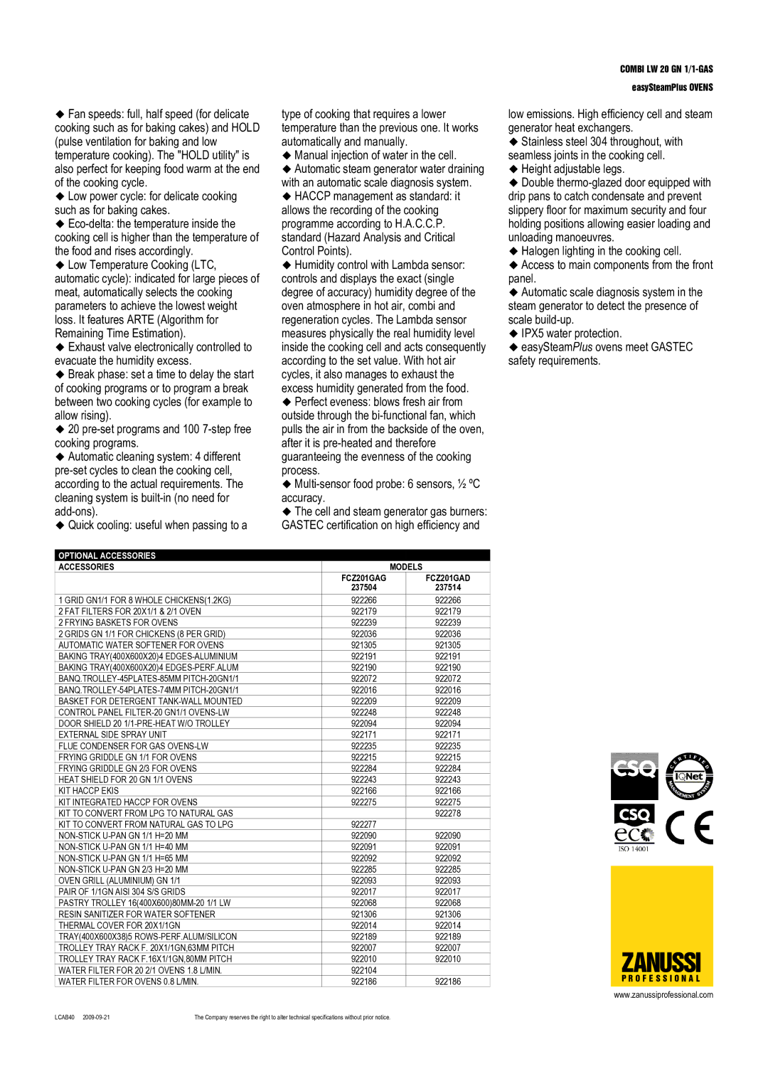 Zanussi 237514, FCZ201GAD, FCZ201GAG, 237504 dimensions Optional Accessories, Accessories Models 