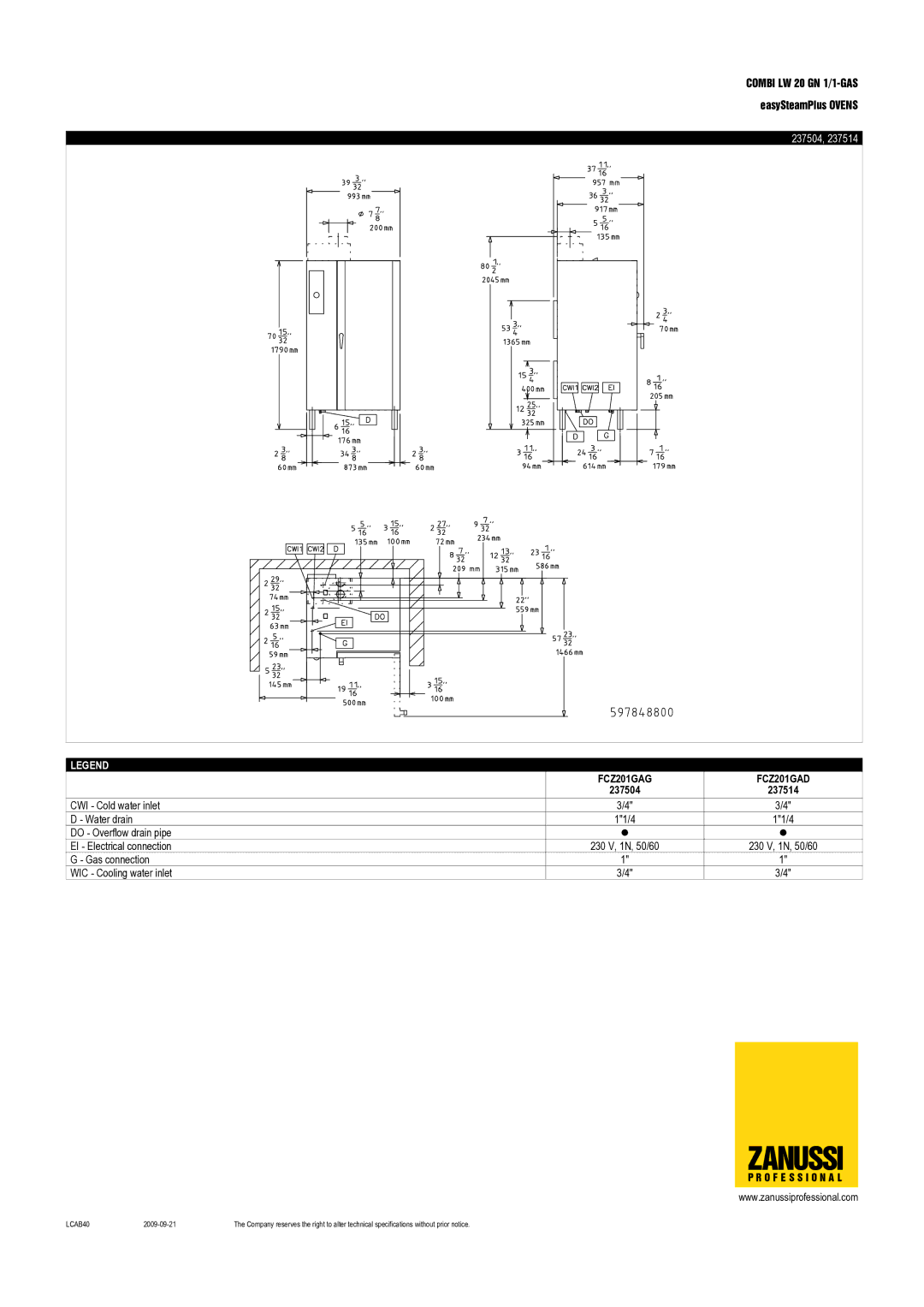 Zanussi 237504, FCZ201GAD, FCZ201GAG, 237514 dimensions Zanussi 