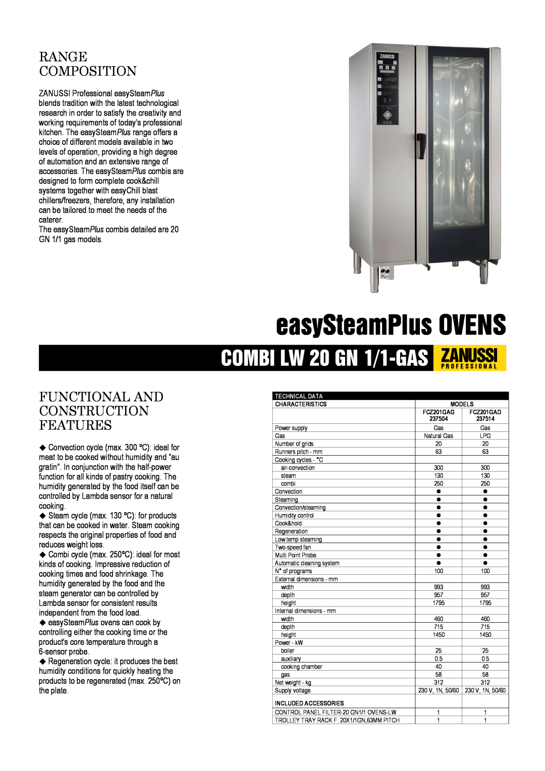 Zanussi FCZ201GAG, FCZ201GAD dimensions easySteamPlus OVENS, Range Composition, Functional And Construction Features 