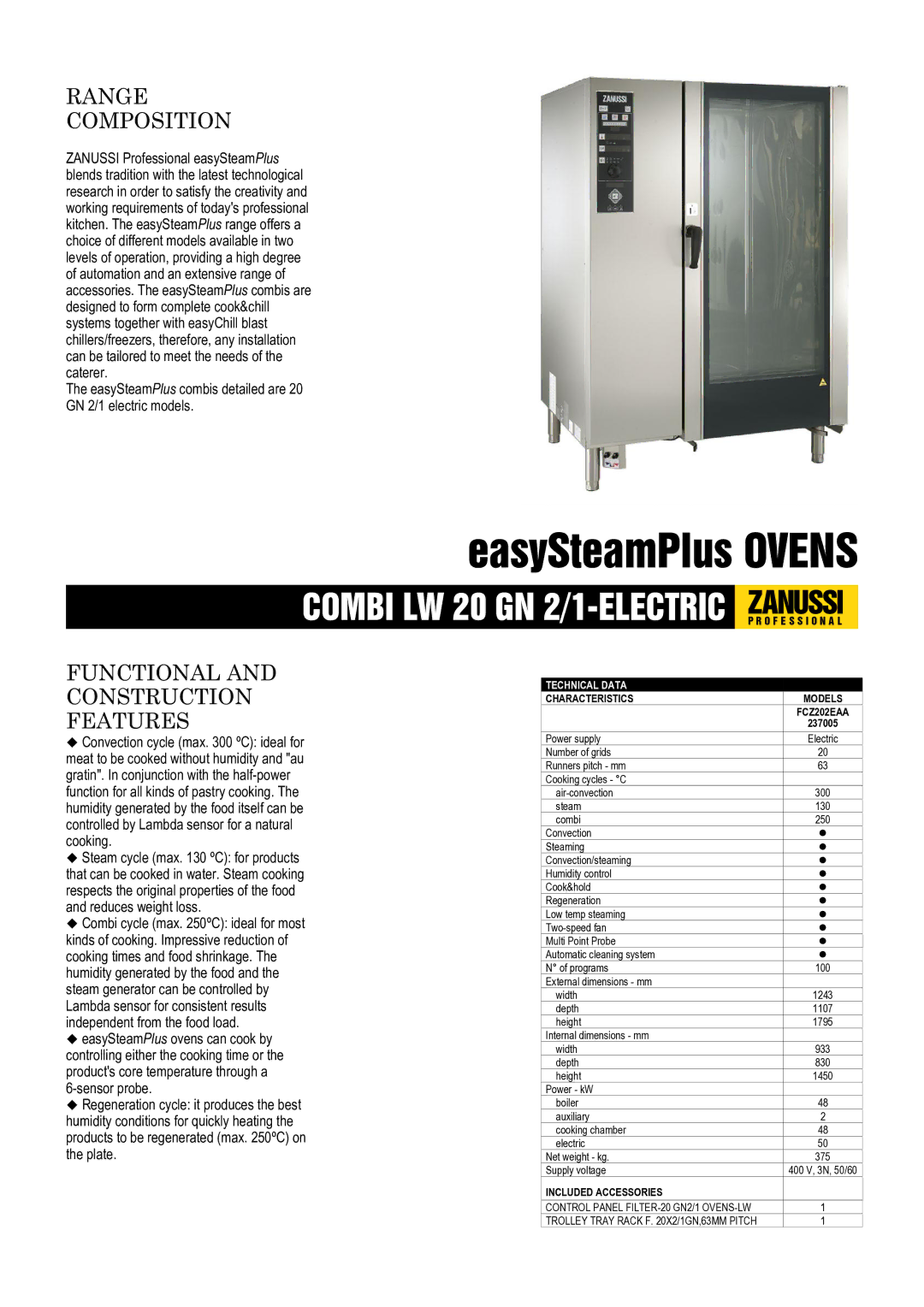 Zanussi 237005 dimensions Range Composition, Functional and Construction Features, Technical Data, Characteristics 