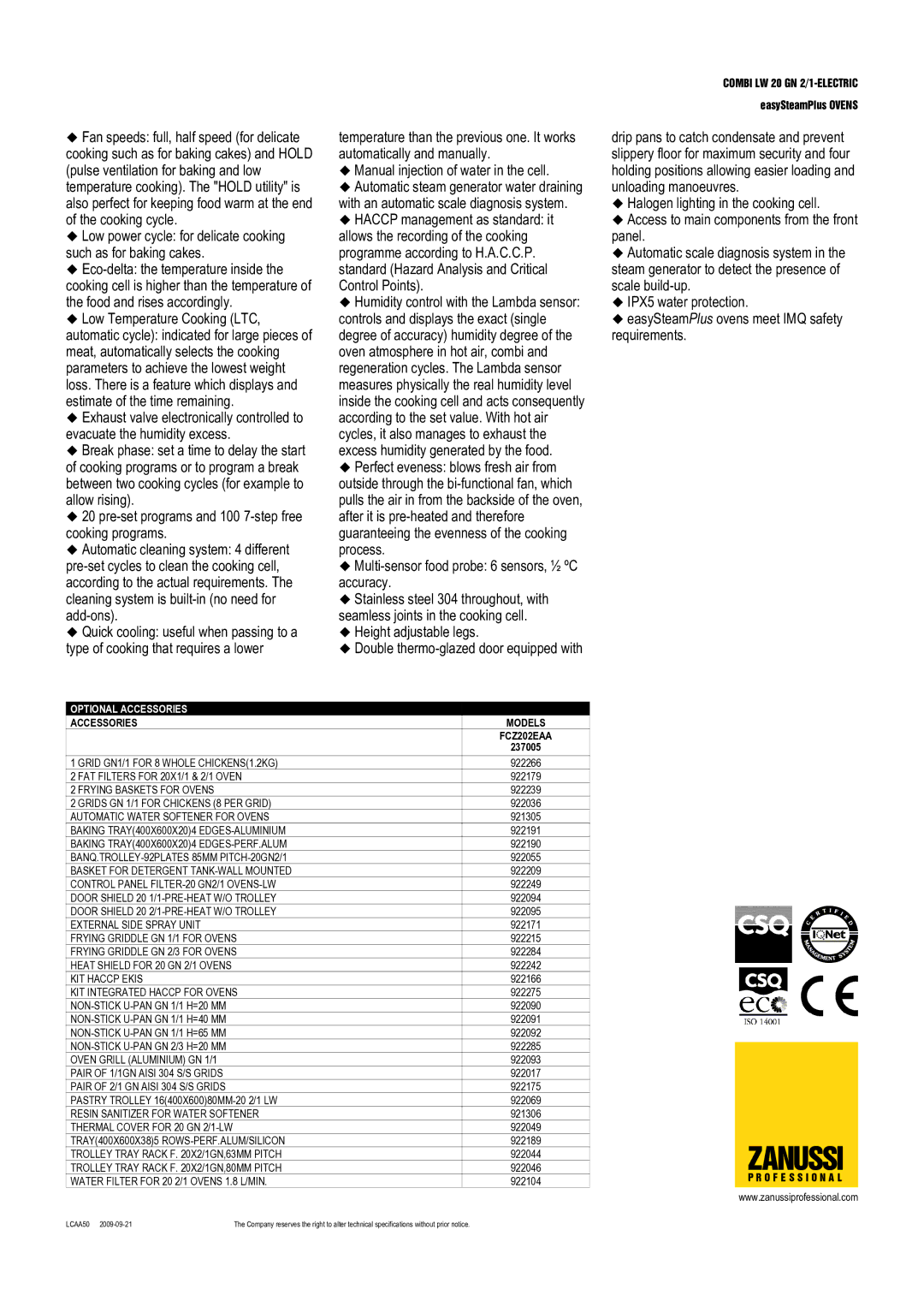 Zanussi FCZ202EAA, 237005 dimensions Optional Accessories, Accessories Models 