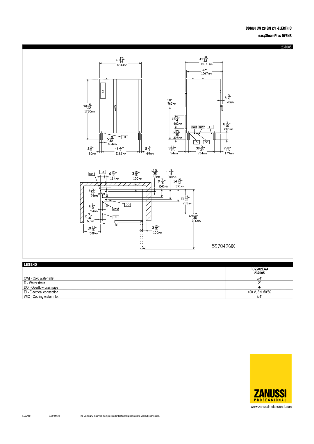 Zanussi 237005, FCZ202EAA dimensions Zanussi 