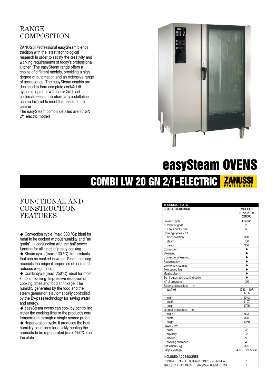 Zanussi 238005 dimensions Range Composition, Functional and Construction Features, Technical Data, Characteristics 