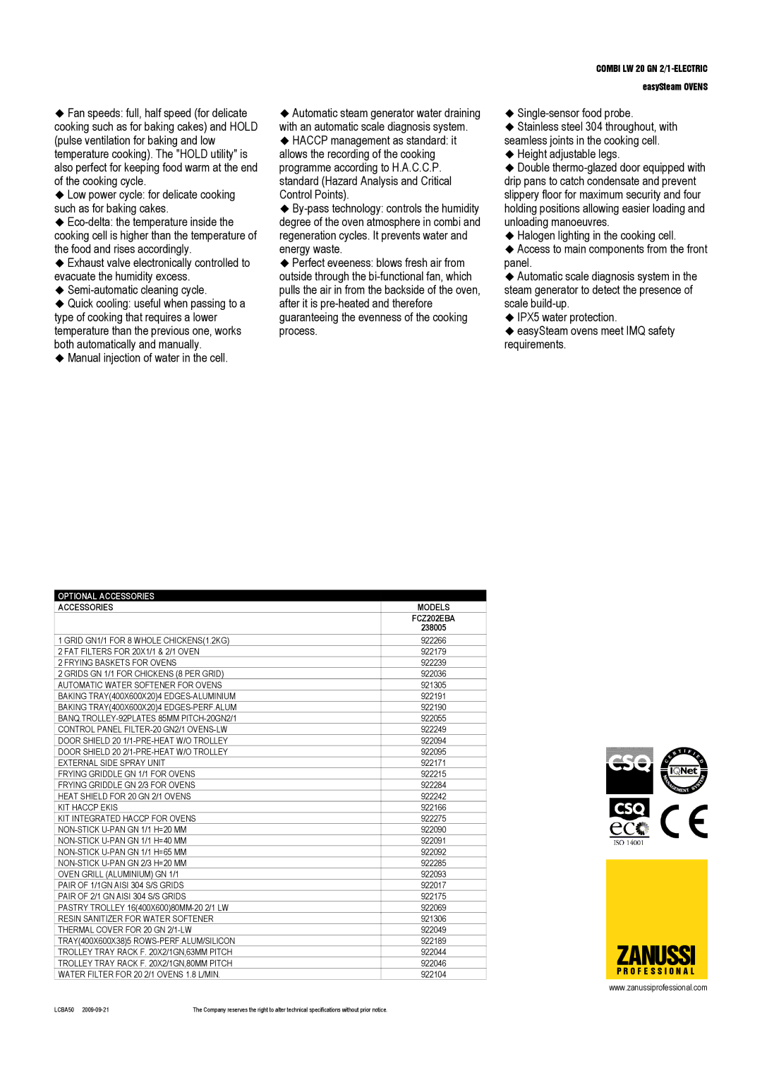 Zanussi FCZ202EBA, 238005 dimensions Optional Accessories, Accessories Models 