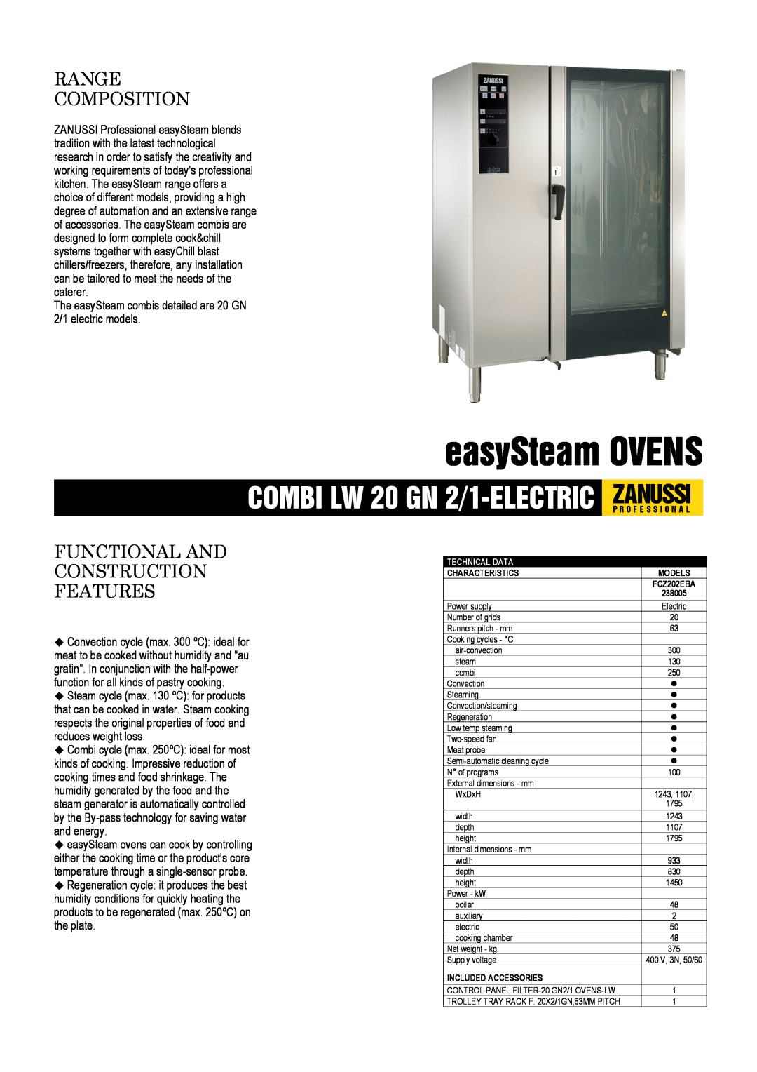 Zanussi 238005, FCZ202EBA dimensions easySteam OVENS, Range Composition, Functional And Construction Features 