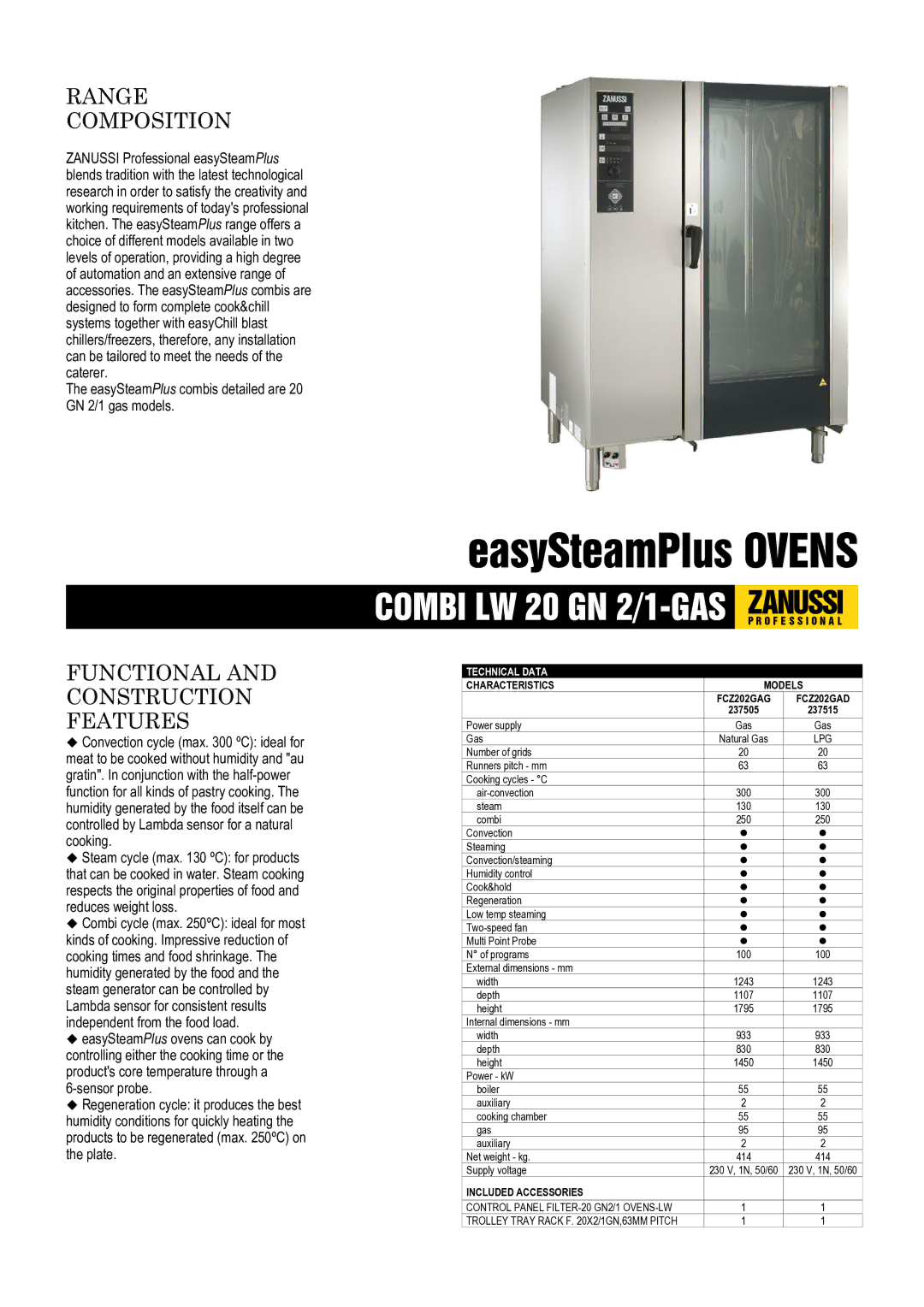 Zanussi FCZ202GAD dimensions Range Composition, Functional and Construction Features, Technical Data, Included Accessories 