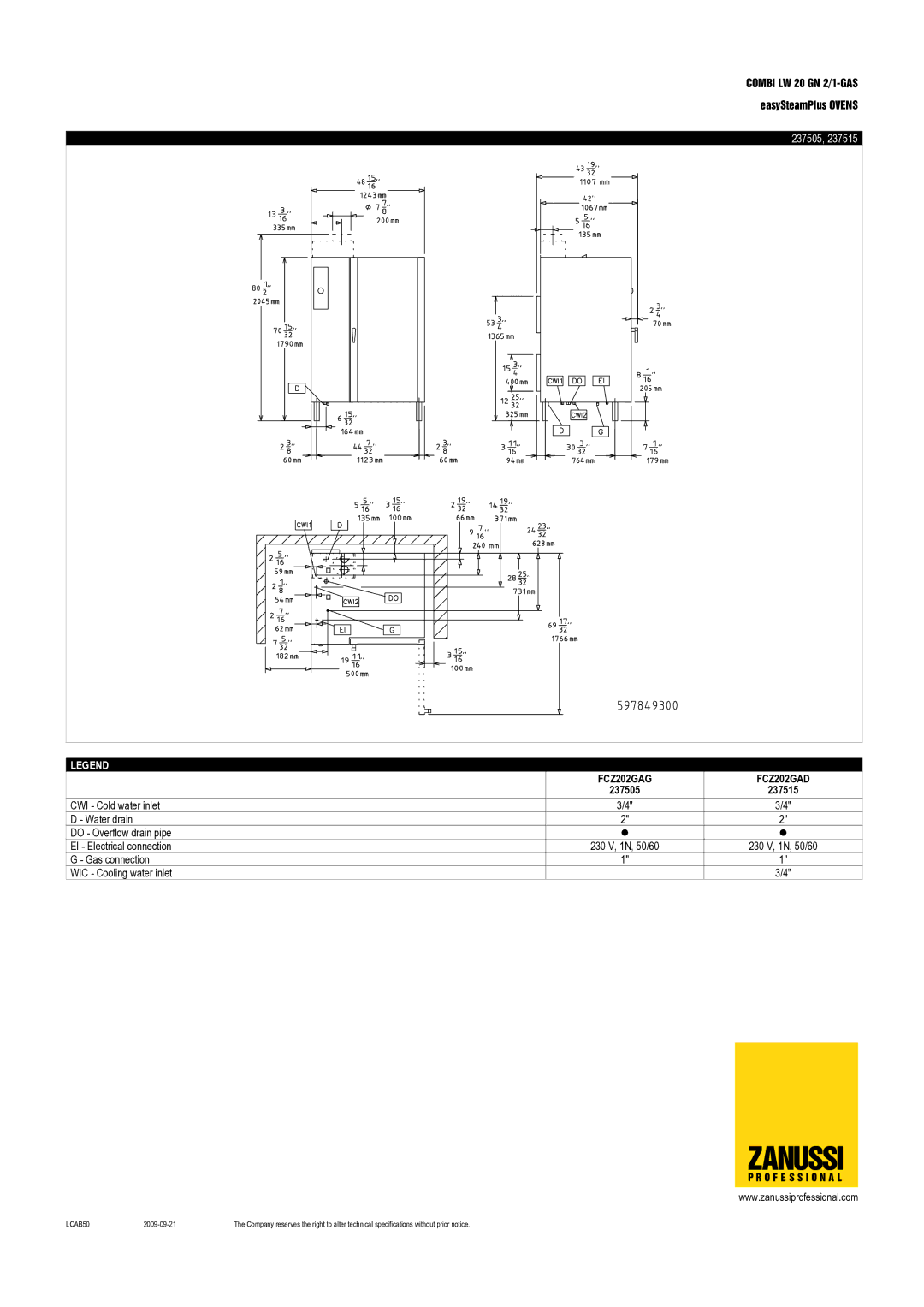 Zanussi 237505, FCZ202GAG, FCZ202GAD, 237515 dimensions Zanussi 