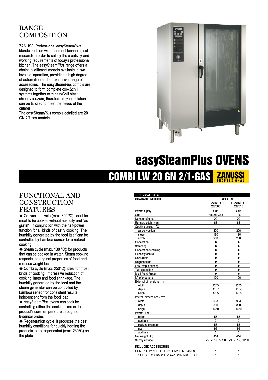 Zanussi FCZ202GAD, FCZ202GAG dimensions easySteamPlus OVENS, Range Composition, Functional And Construction Features 