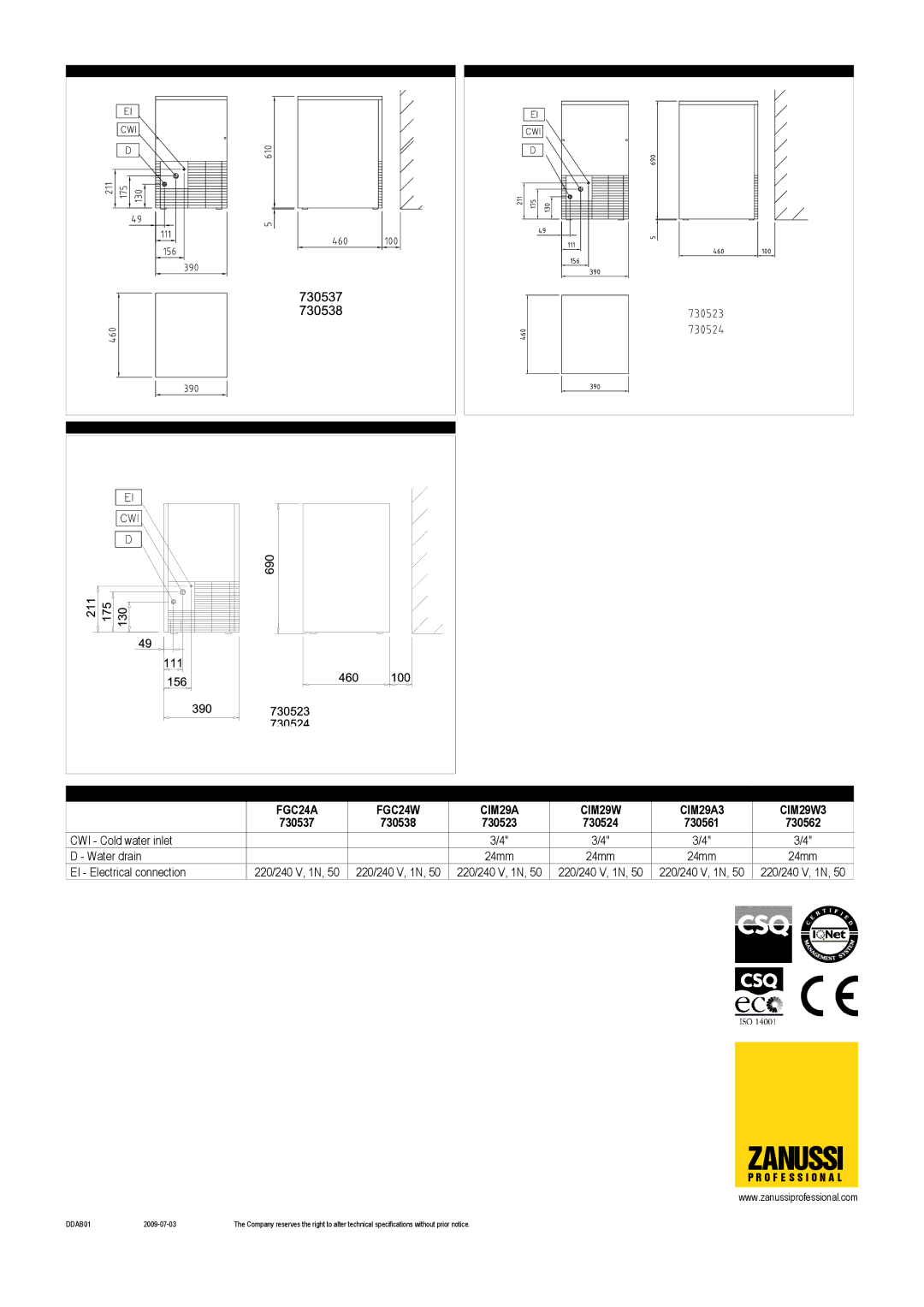 Zanussi CIM29A3, FGC24W, CIM29W3, FGC24A, 730538, 730537, 730524, 730523, 730562, 730561 Zanussi, O F E S S I O N a L, DDAB01 