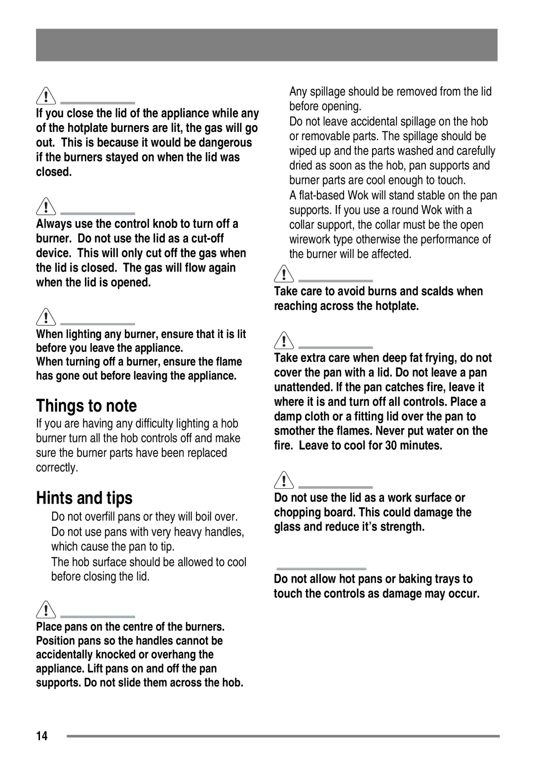 Zanussi FH10 user manual Things to note, Hints and tips, Do not overfill pans or they will boil over 