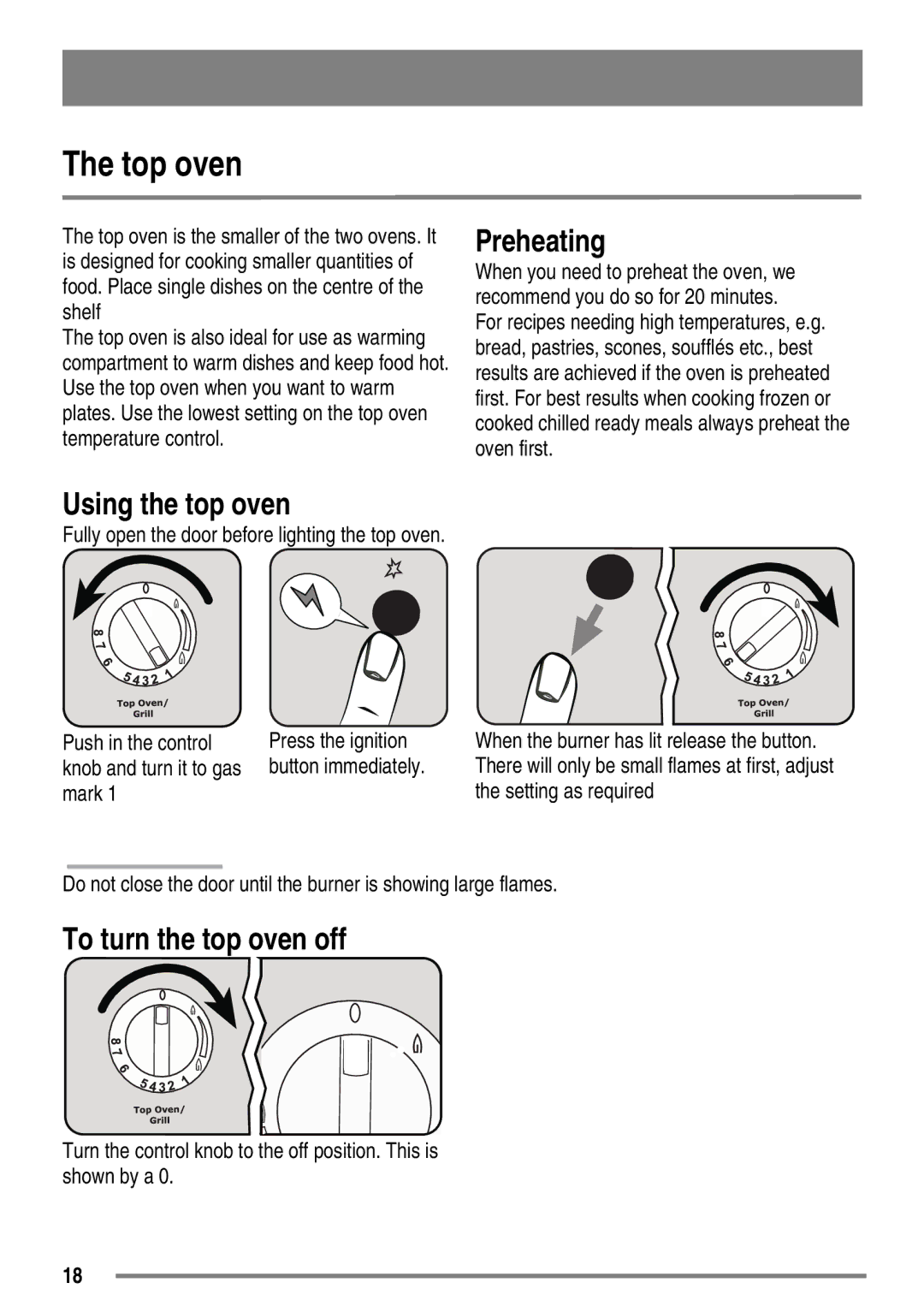 Zanussi FH10 user manual Top oven, Preheating, Using the top oven, To turn the top oven off 