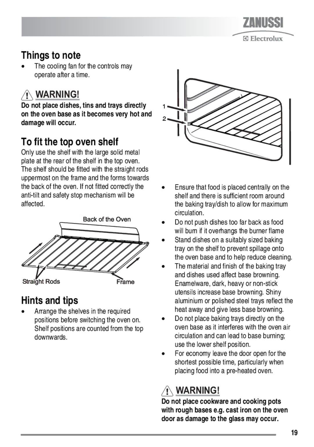 Zanussi FH10 user manual Things to note, To fit the top oven shelf 