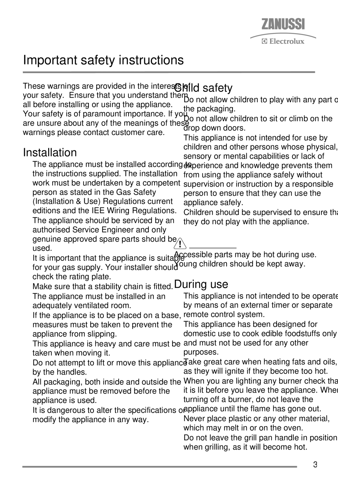 Zanussi FH10 user manual Important safety instructions, Installation, Child safety, During use 