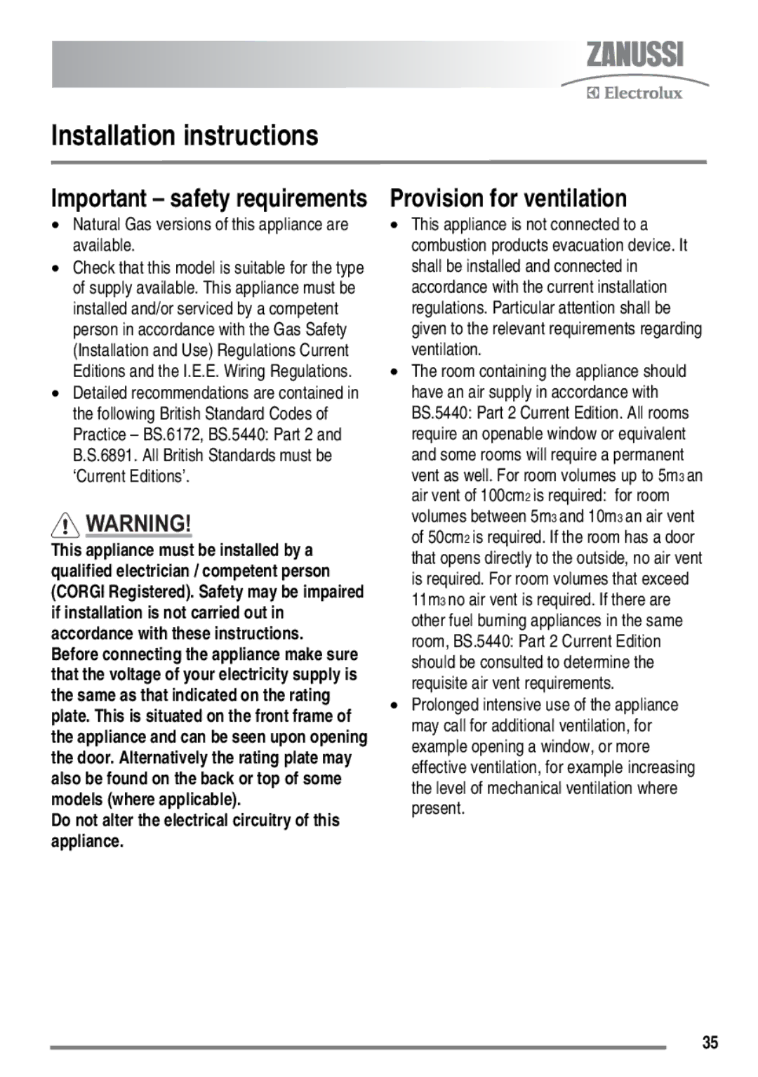 Zanussi FH10 user manual Installation instructions, Provision for ventilation, Important safety requirements 