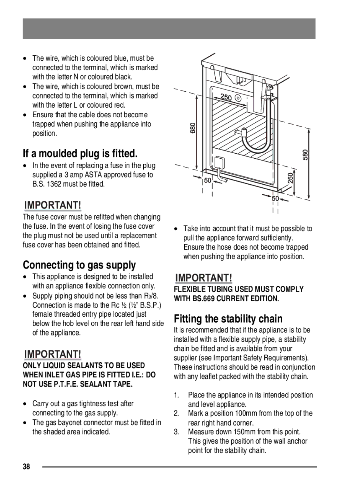 Zanussi FH10 user manual If a moulded plug is fitted, Connecting to gas supply, Fitting the stability chain 