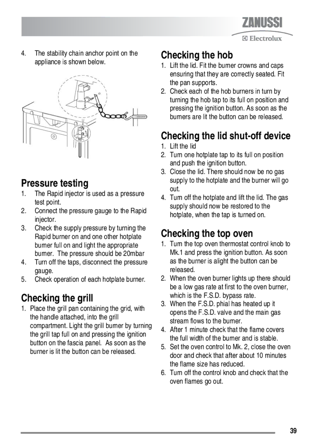 Zanussi FH10 user manual Pressure testing, Checking the grill, Checking the hob, Checking the top oven 