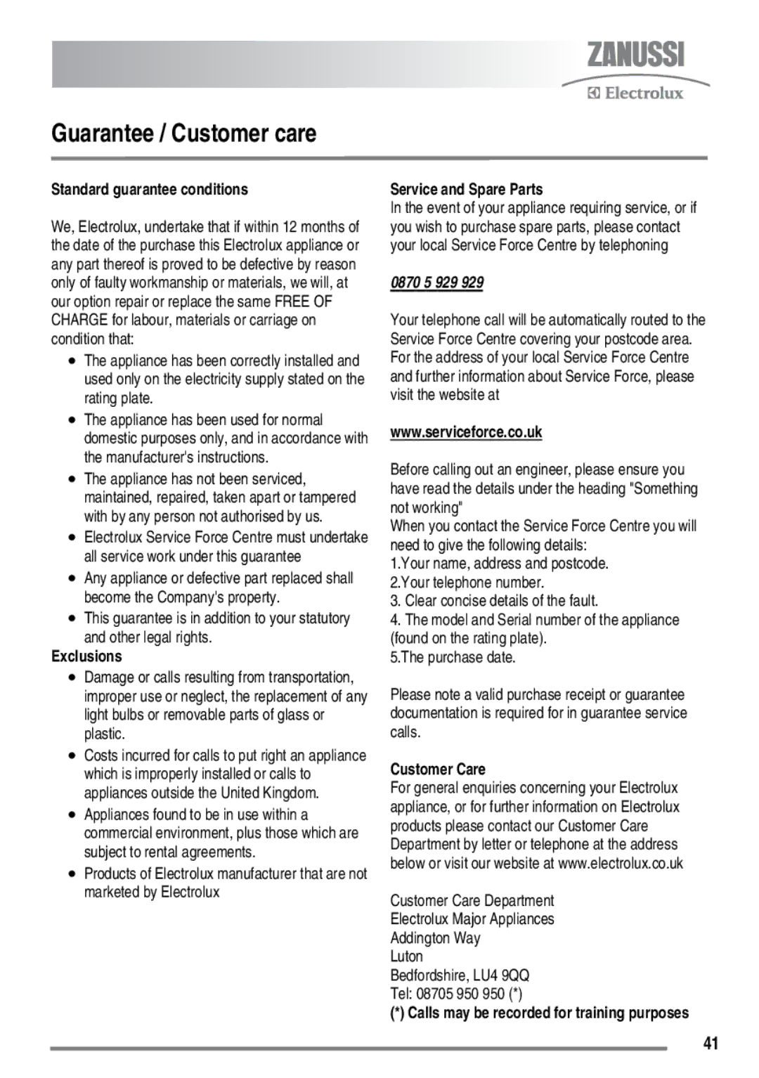 Zanussi FH10 user manual Guarantee / Customer care, Standard guarantee conditions 